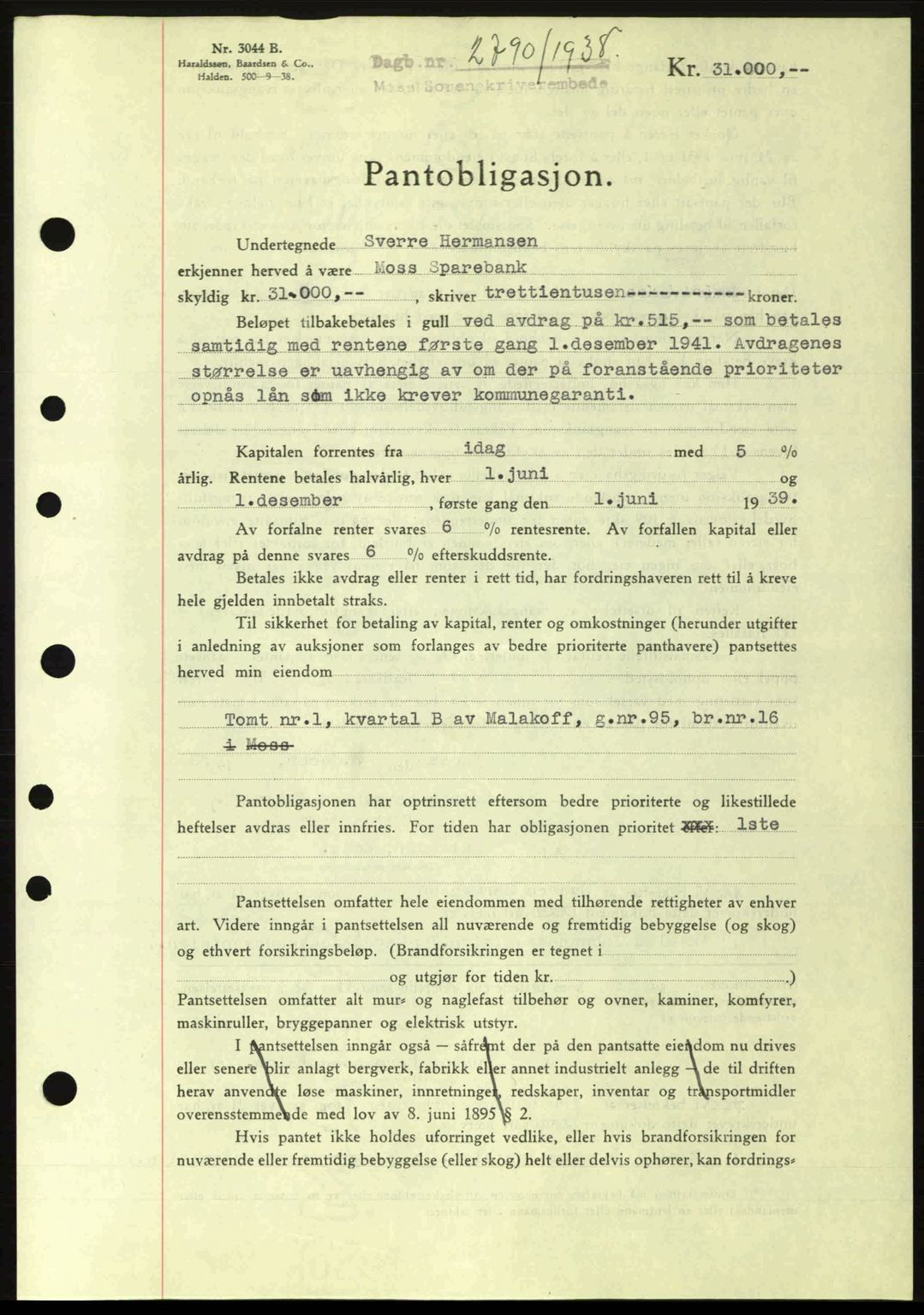 Moss sorenskriveri, SAO/A-10168: Pantebok nr. B6, 1938-1938, Dagboknr: 2790/1938