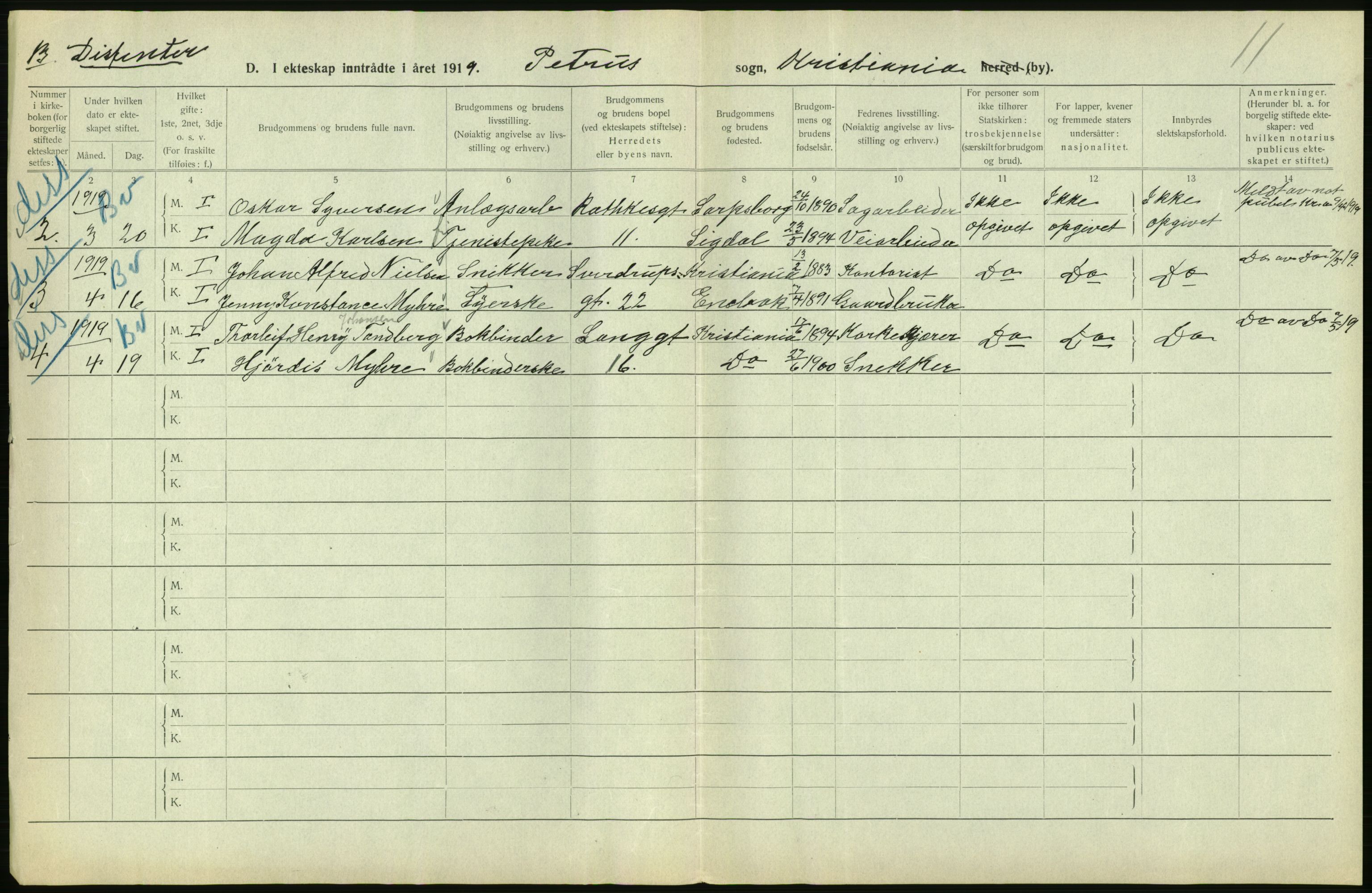 Statistisk sentralbyrå, Sosiodemografiske emner, Befolkning, AV/RA-S-2228/D/Df/Dfb/Dfbi/L0009: Kristiania: Gifte, 1919, s. 464