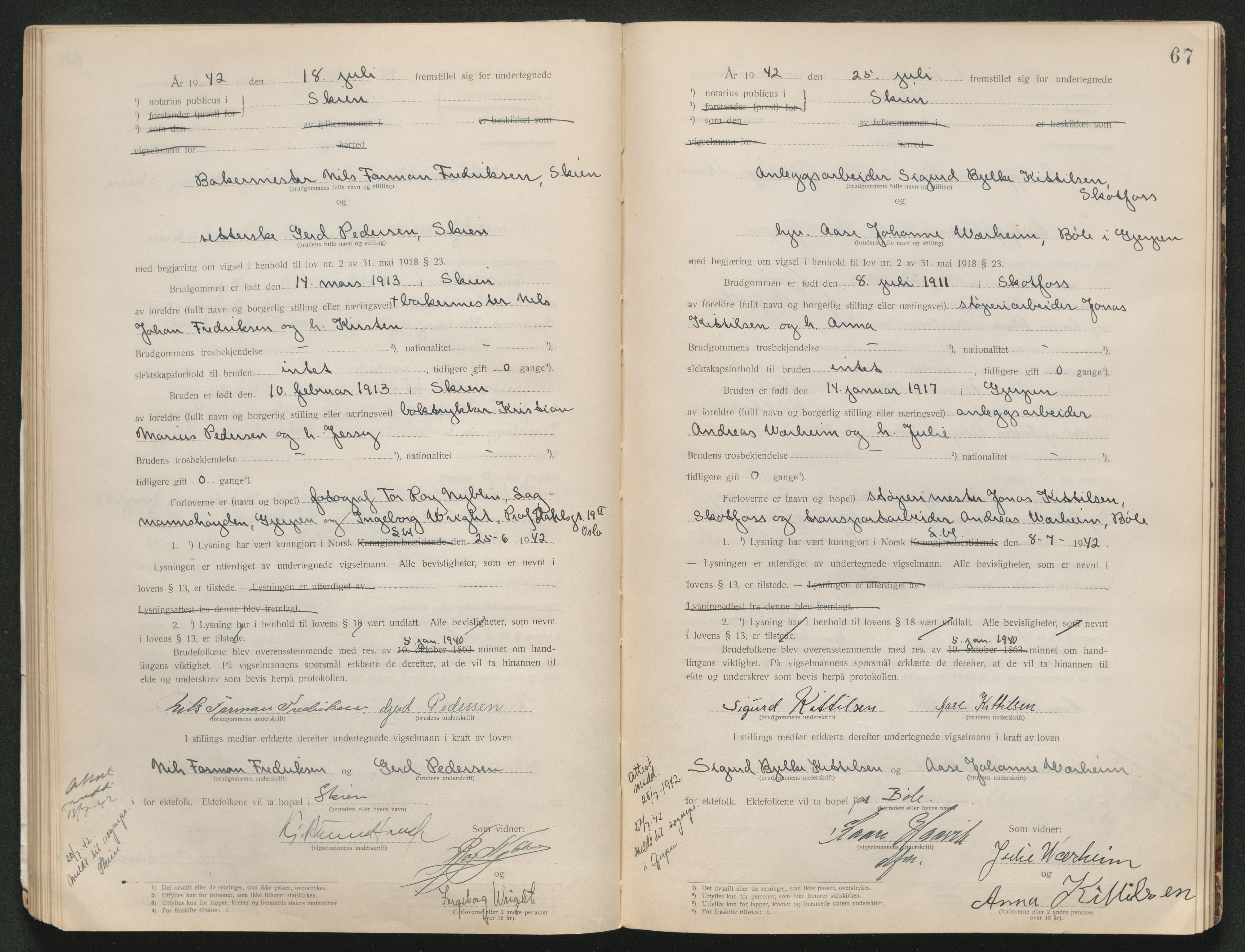 Skien sorenskriveri, AV/SAKO-A-225/L/La/L0001: Vigselsprotokoll, 1920-1947, s. 67