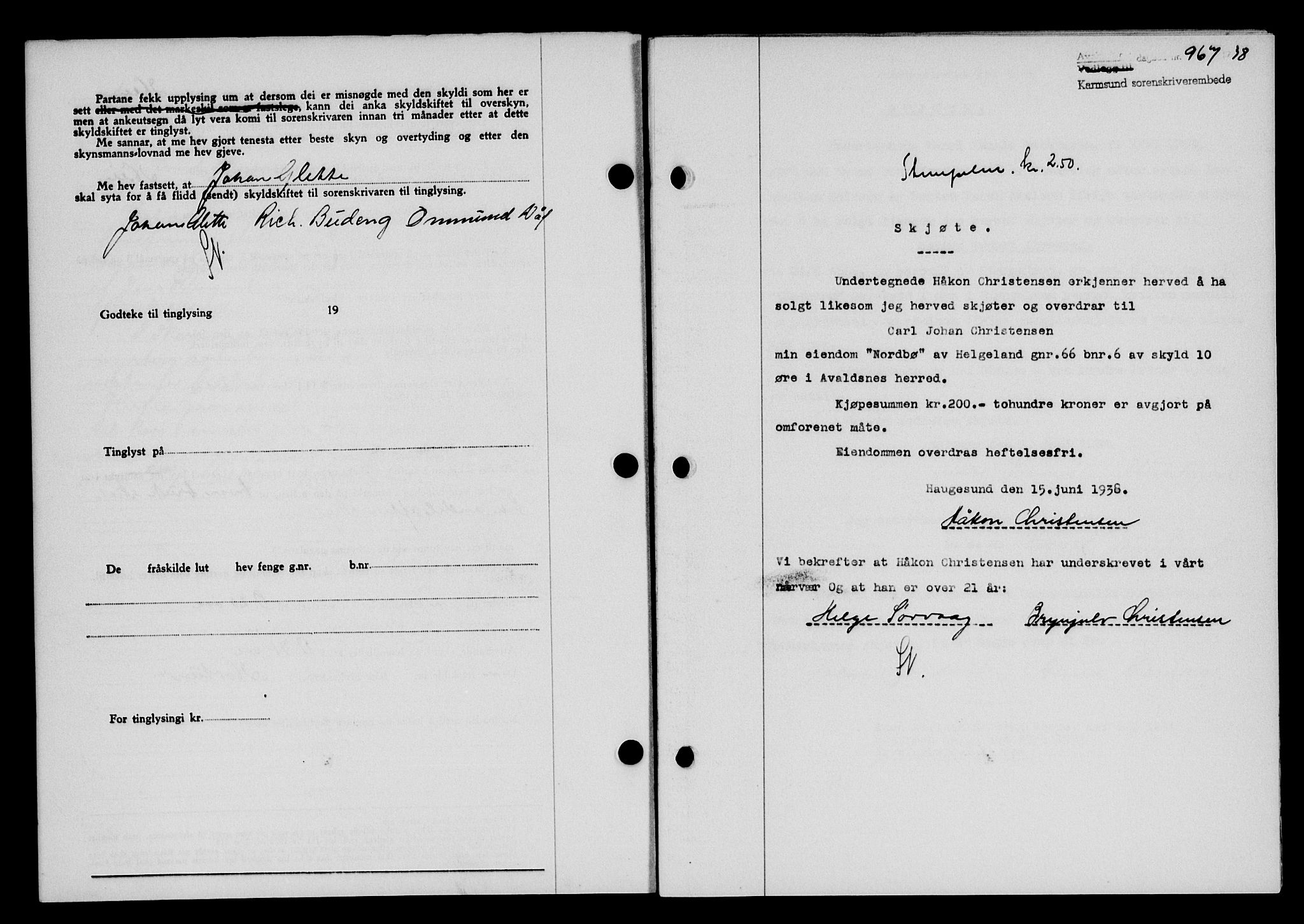 Karmsund sorenskriveri, SAST/A-100311/01/II/IIB/L0069: Pantebok nr. 50A, 1937-1938, Dagboknr: 967/1938