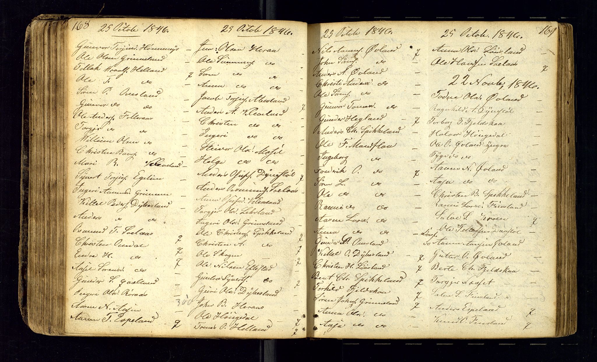 Bjelland sokneprestkontor, AV/SAK-1111-0005/F/Fc/Fcb/L0001: Kommunikantprotokoll nr. C-1, 1827-1906, s. 168-169