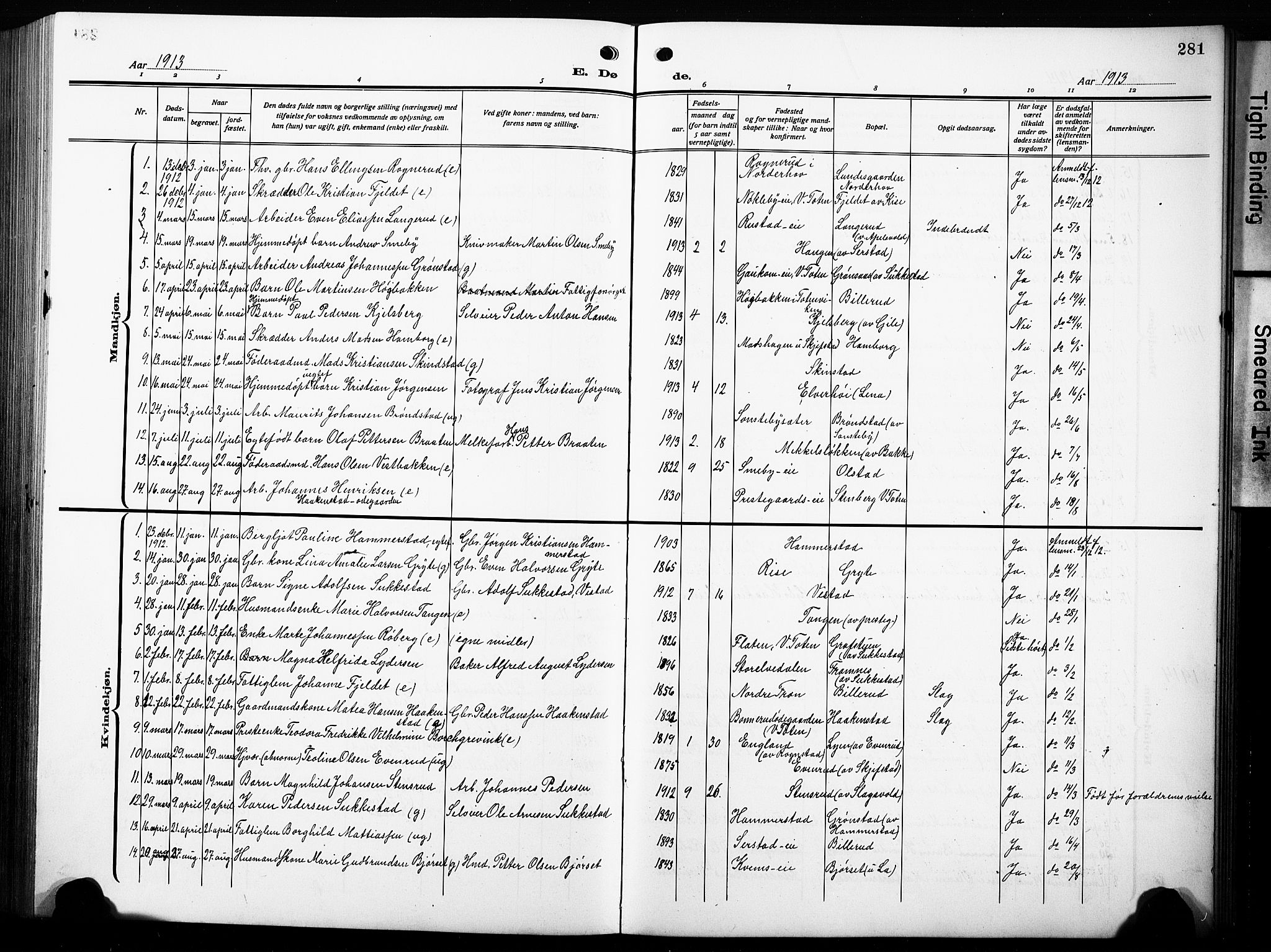 Østre Toten prestekontor, AV/SAH-PREST-104/H/Ha/Hab/L0010: Klokkerbok nr. 10, 1912-1933, s. 281