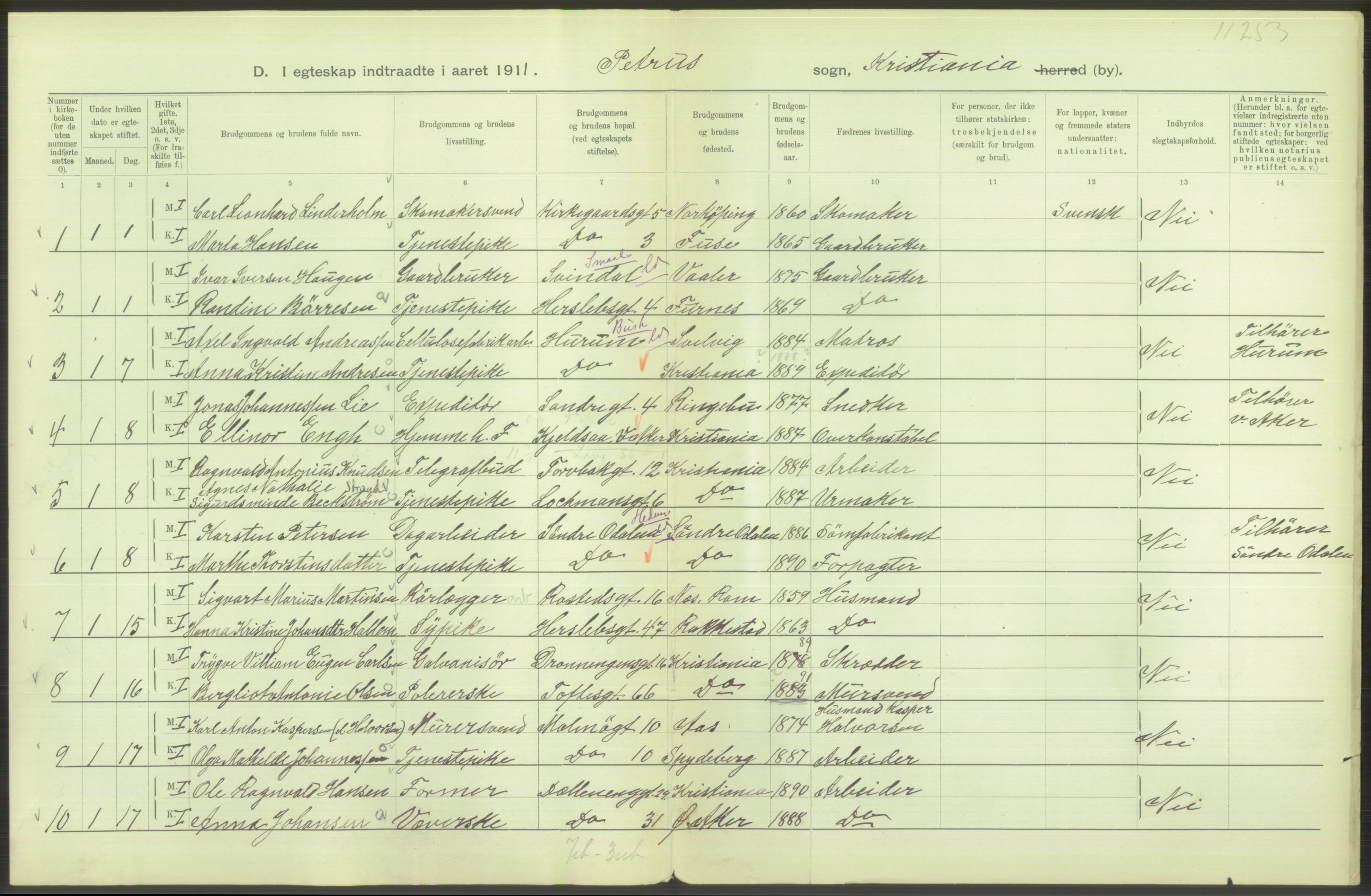 Statistisk sentralbyrå, Sosiodemografiske emner, Befolkning, AV/RA-S-2228/D/Df/Dfb/Dfba/L0008: Kristiania: Gifte, 1911, s. 2
