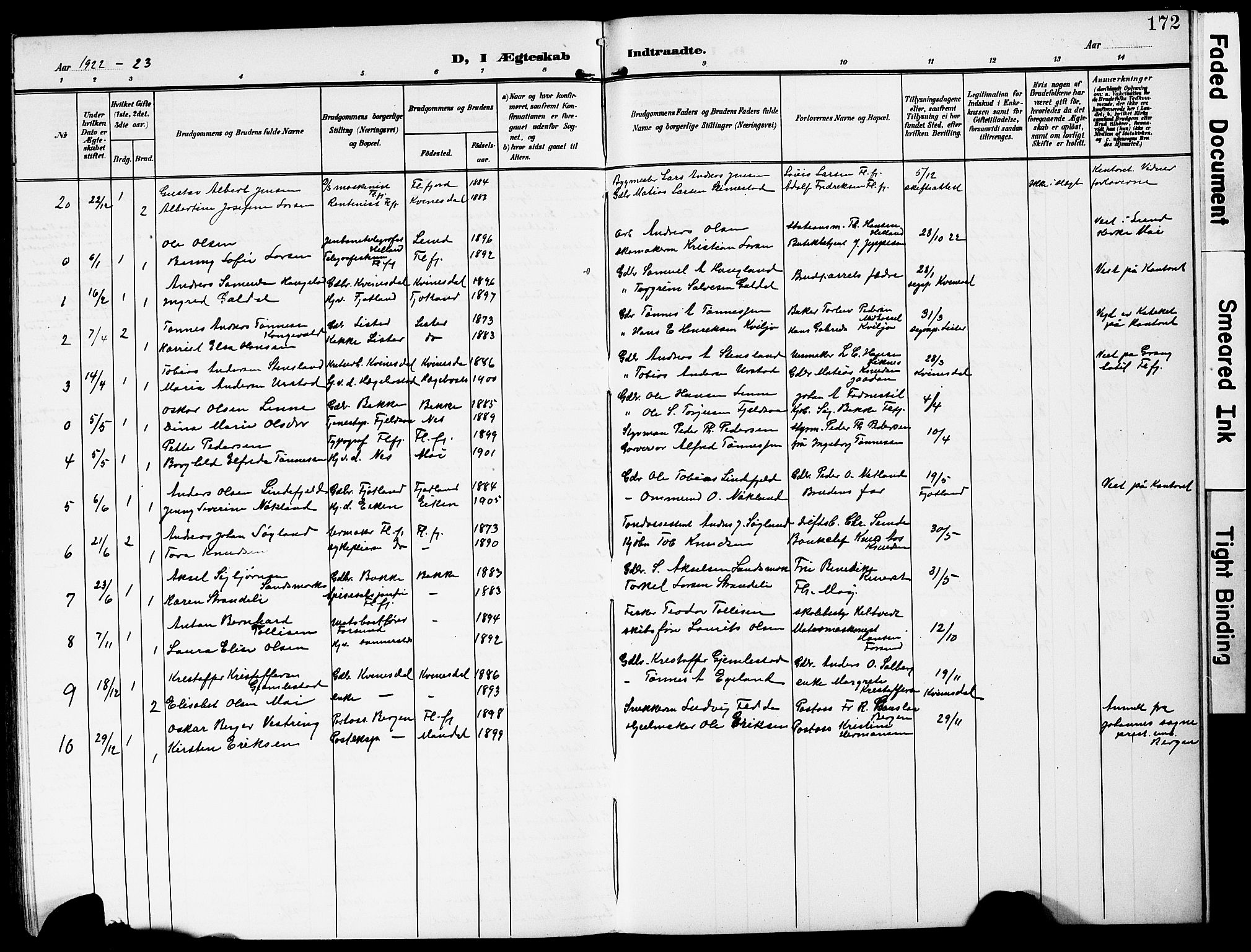 Flekkefjord sokneprestkontor, AV/SAK-1111-0012/F/Fb/Fba/L0001: Klokkerbok nr. B 1, 1903-1931, s. 172