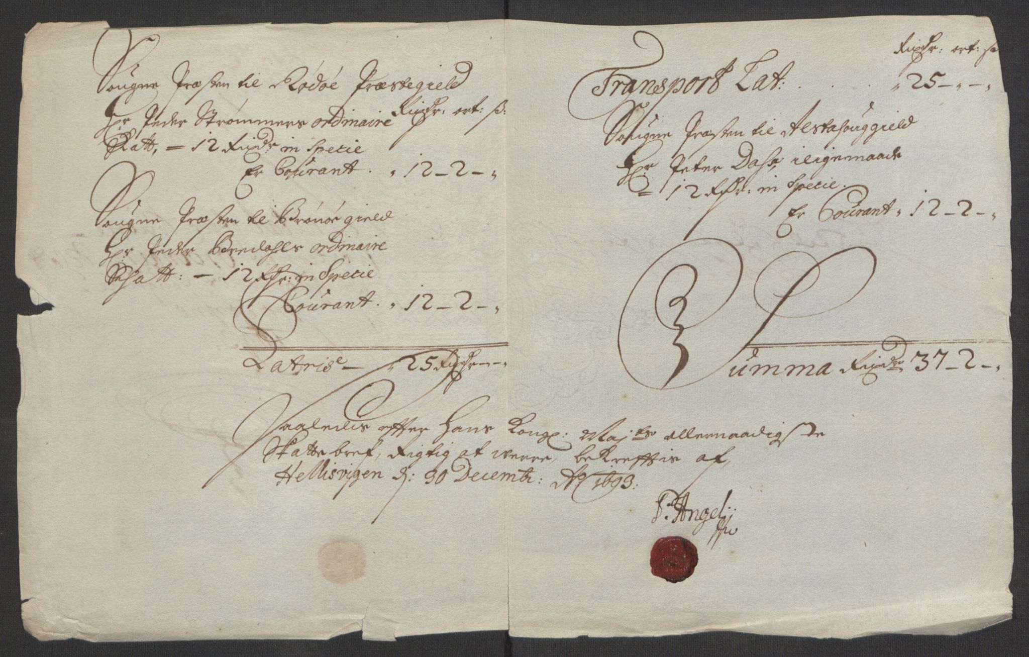 Rentekammeret inntil 1814, Reviderte regnskaper, Fogderegnskap, RA/EA-4092/R65/L4505: Fogderegnskap Helgeland, 1693-1696, s. 111