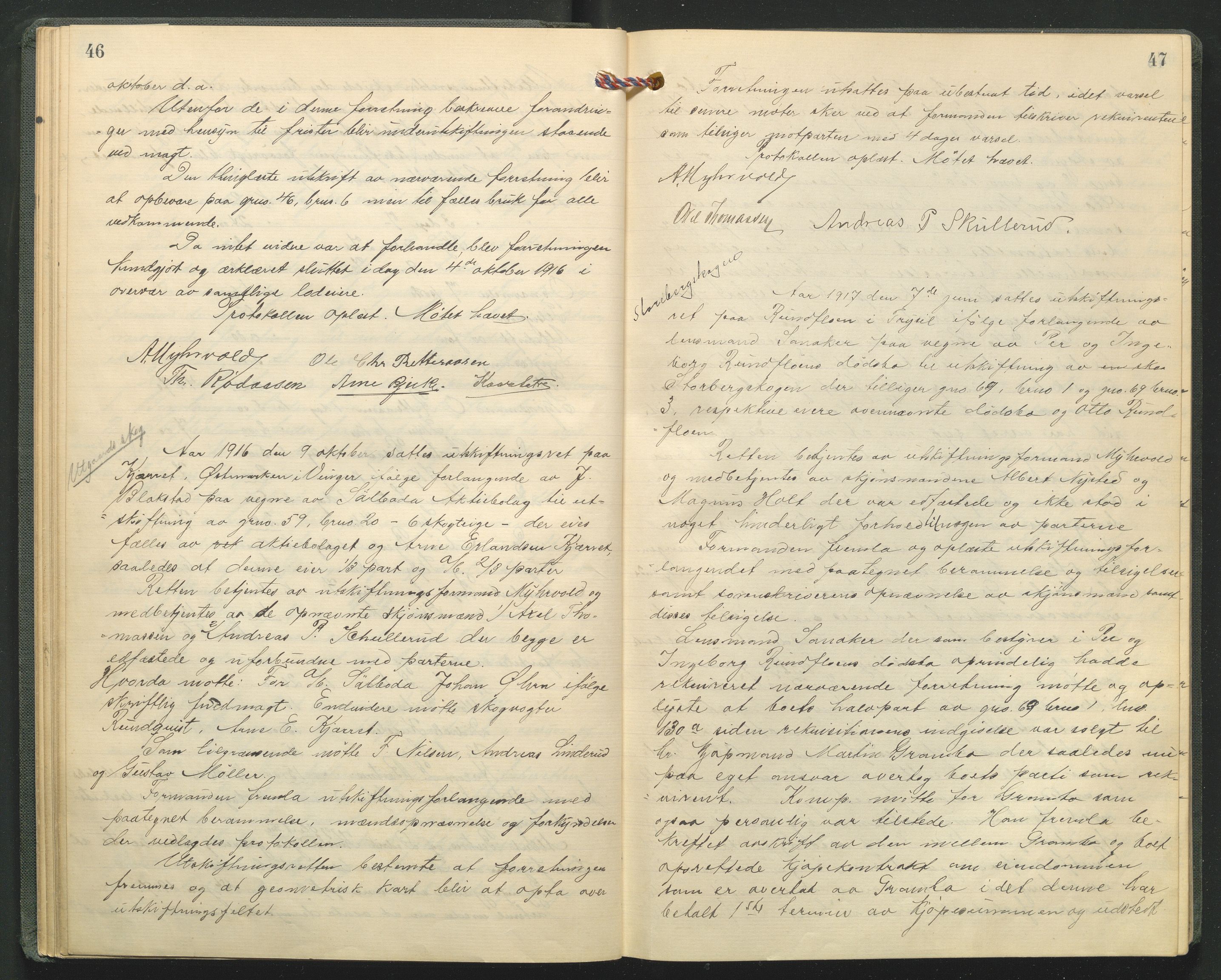Hedmark og Østerdal jordskifterett, AV/SAH-JORDSKIFTEH-002/G/Ga/L0005/0001: Rettsbøker / Rettsbok - O, 1916-1921, s. 46-47