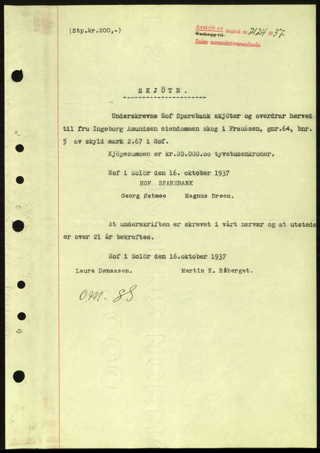 Solør tingrett, SAH/TING-008/H/Hb/Hbb/L0004: Pantebok nr. A4, 1937-1938, Dagboknr: 2124/1937