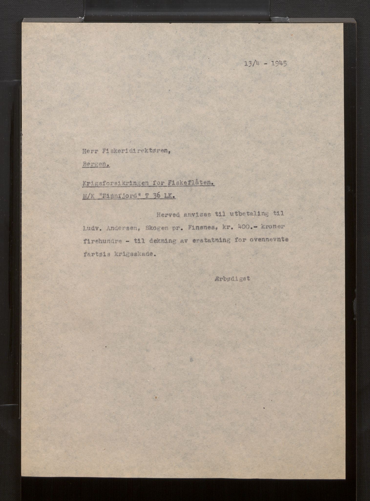 Fiskeridirektoratet - 1 Adm. ledelse - 13 Båtkontoret, AV/SAB-A-2003/La/L0058: Statens krigsforsikring for fiskeflåten, 1936-1971, s. 554