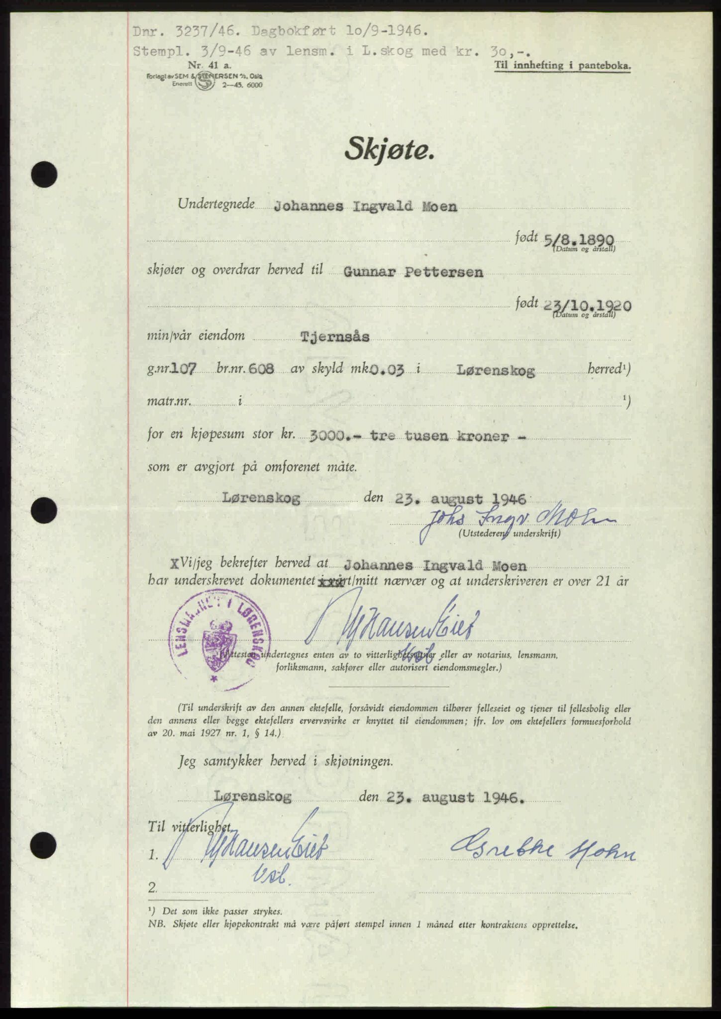 Nedre Romerike sorenskriveri, AV/SAO-A-10469/G/Gb/Gbd/L0017: Pantebok nr. 17, 1946-1946, Dagboknr: 3237/1946