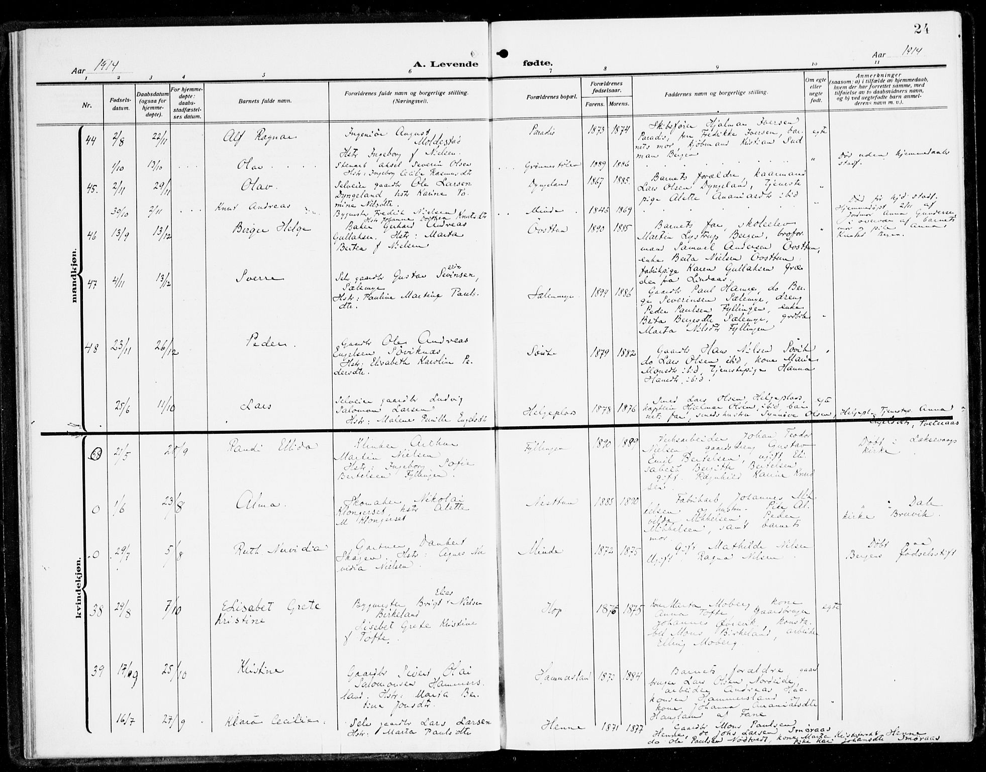 Fana Sokneprestembete, SAB/A-75101/H/Haa/Haai/L0004: Ministerialbok nr. I 4, 1912-1933, s. 24