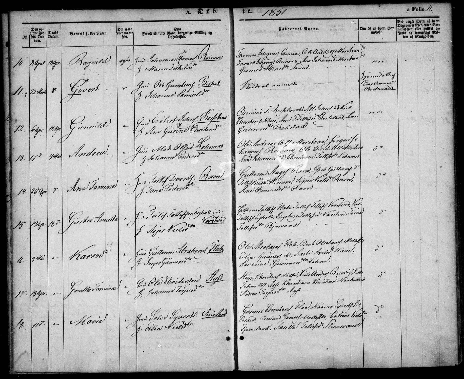 Birkenes sokneprestkontor, AV/SAK-1111-0004/F/Fa/L0003: Ministerialbok nr. A 3, 1850-1866, s. 11