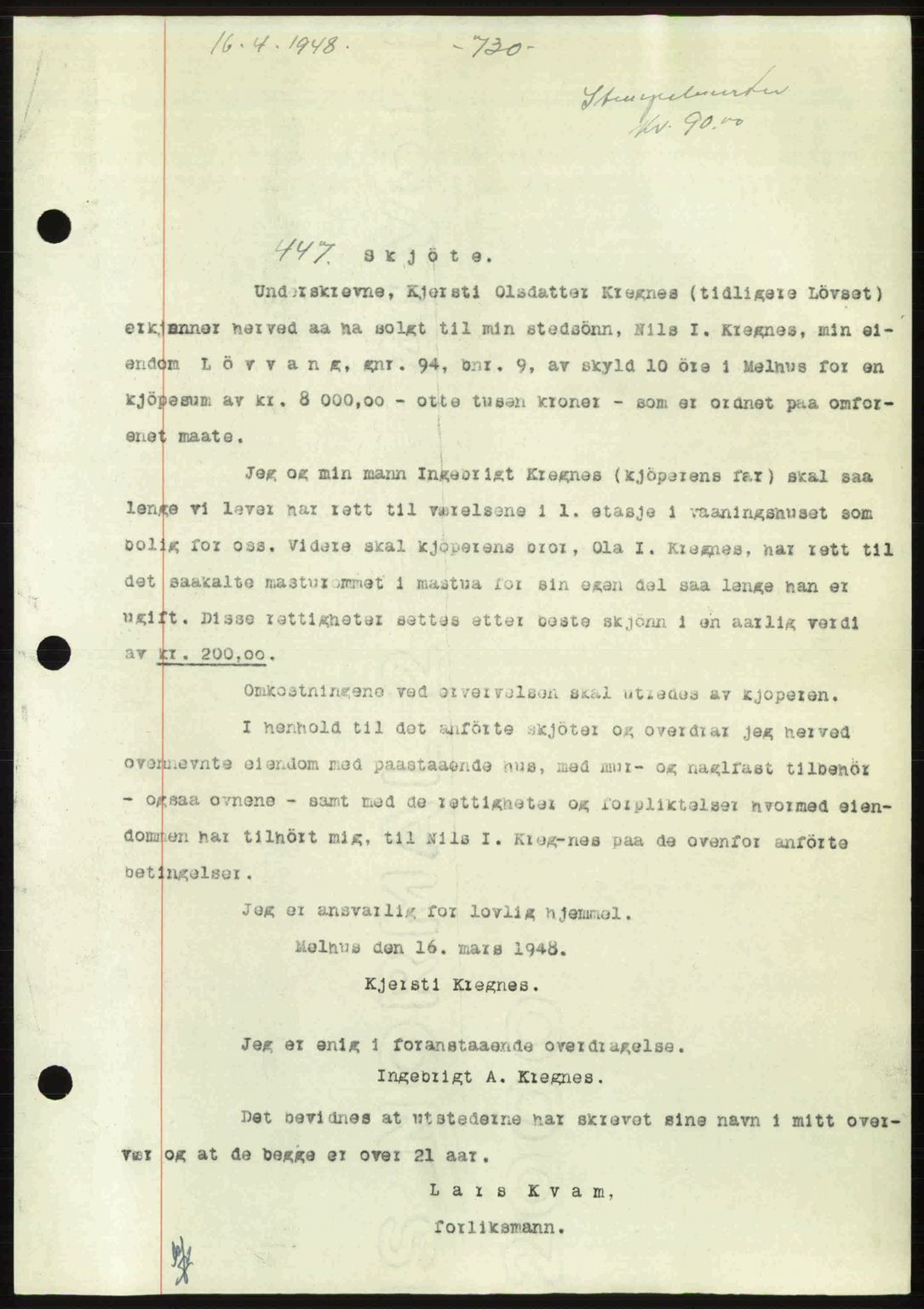 Gauldal sorenskriveri, SAT/A-0014/1/2/2C: Pantebok nr. A5, 1947-1948, Dagboknr: 447/1948