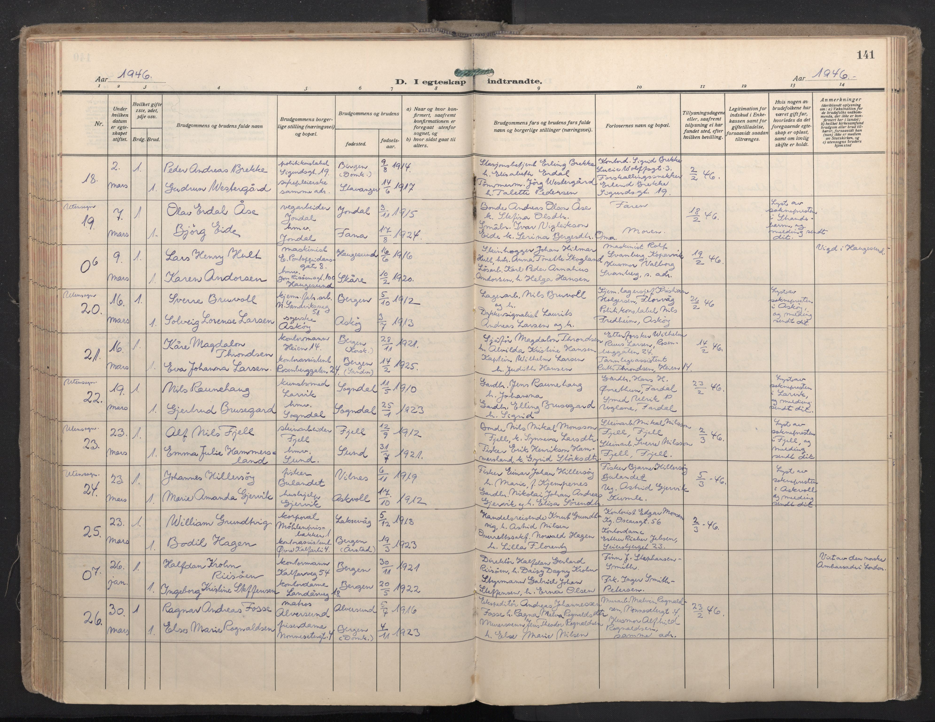 Domkirken sokneprestembete, AV/SAB-A-74801/H/Haa: Ministerialbok nr. D 7, 1937-1950, s. 140b-141a
