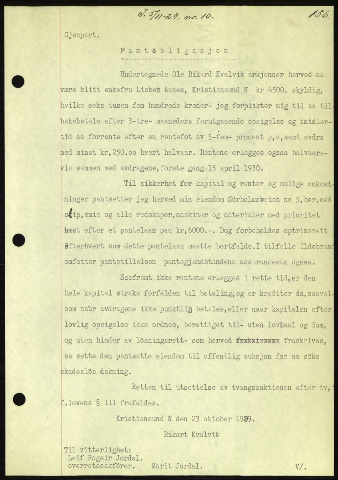 Kristiansund byfogd, AV/SAT-A-4587/A/27: Pantebok nr. 23, 1929-1930, Tingl.dato: 05.11.1929