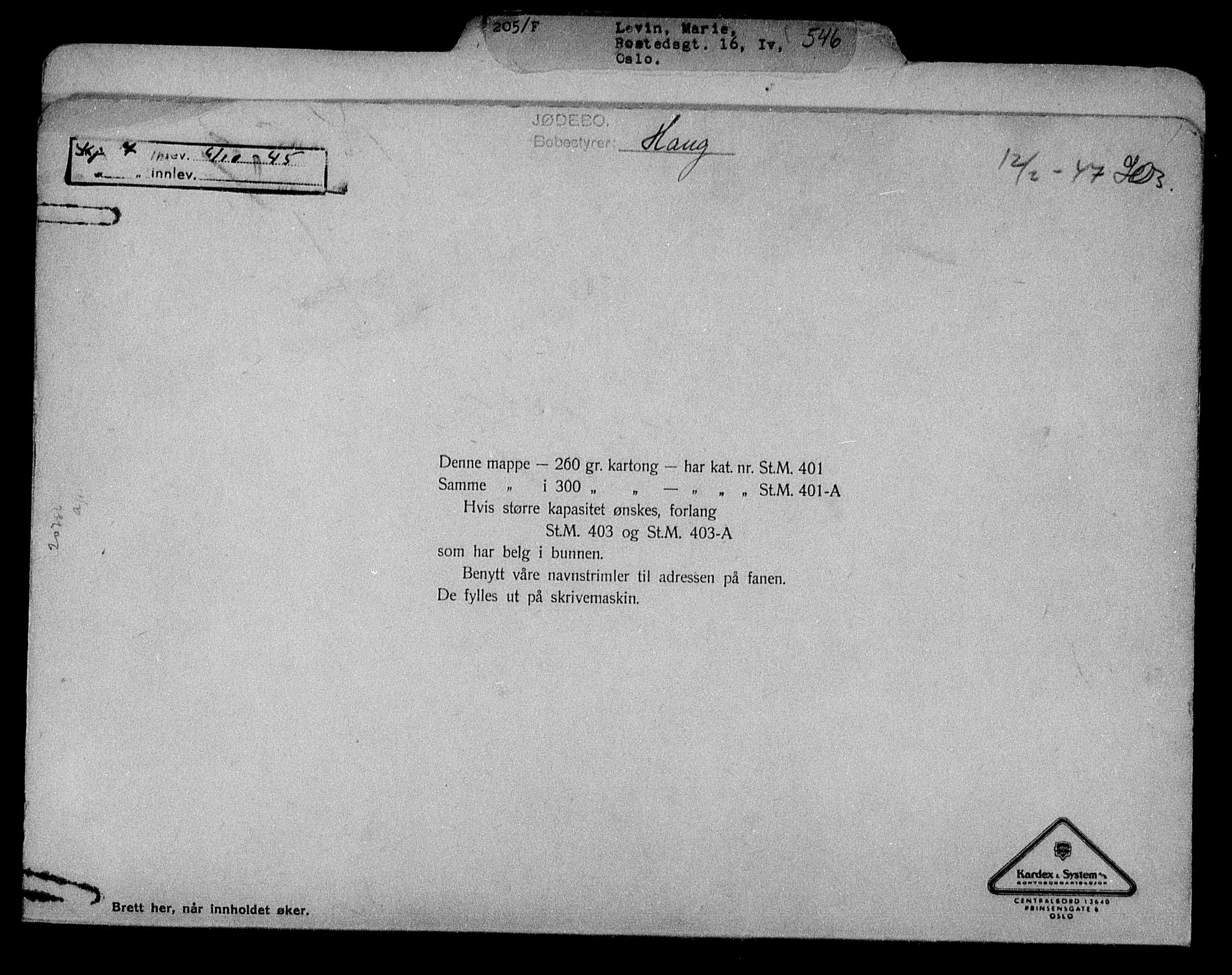 Justisdepartementet, Tilbakeføringskontoret for inndratte formuer, AV/RA-S-1564/H/Hc/Hcc/L0958: --, 1945-1947, s. 2