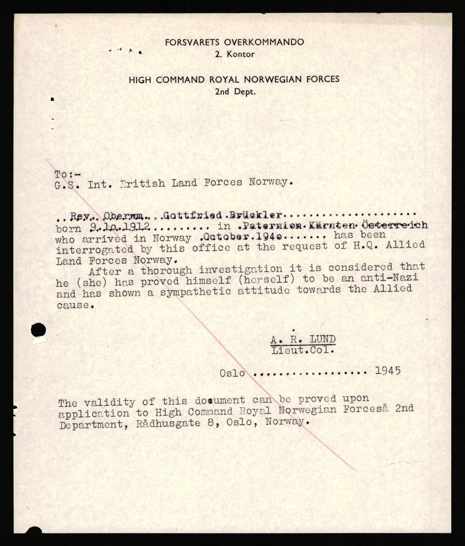 Forsvaret, Forsvarets overkommando II, RA/RAFA-3915/D/Db/L0038: CI Questionaires. Tyske okkupasjonsstyrker i Norge. Østerrikere., 1945-1946, s. 121