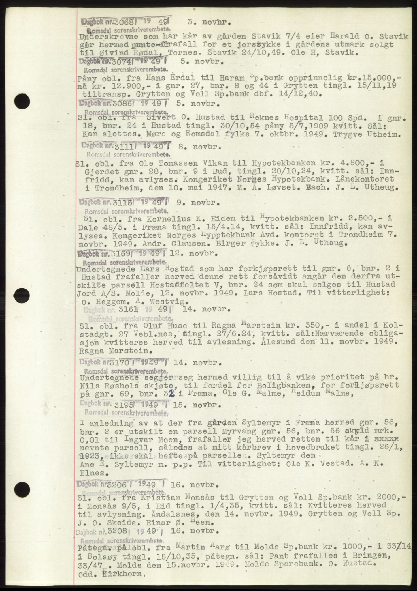 Romsdal sorenskriveri, SAT/A-4149/1/2/2C: Pantebok nr. C2, 1949-1951, Dagboknr: 3068/1949