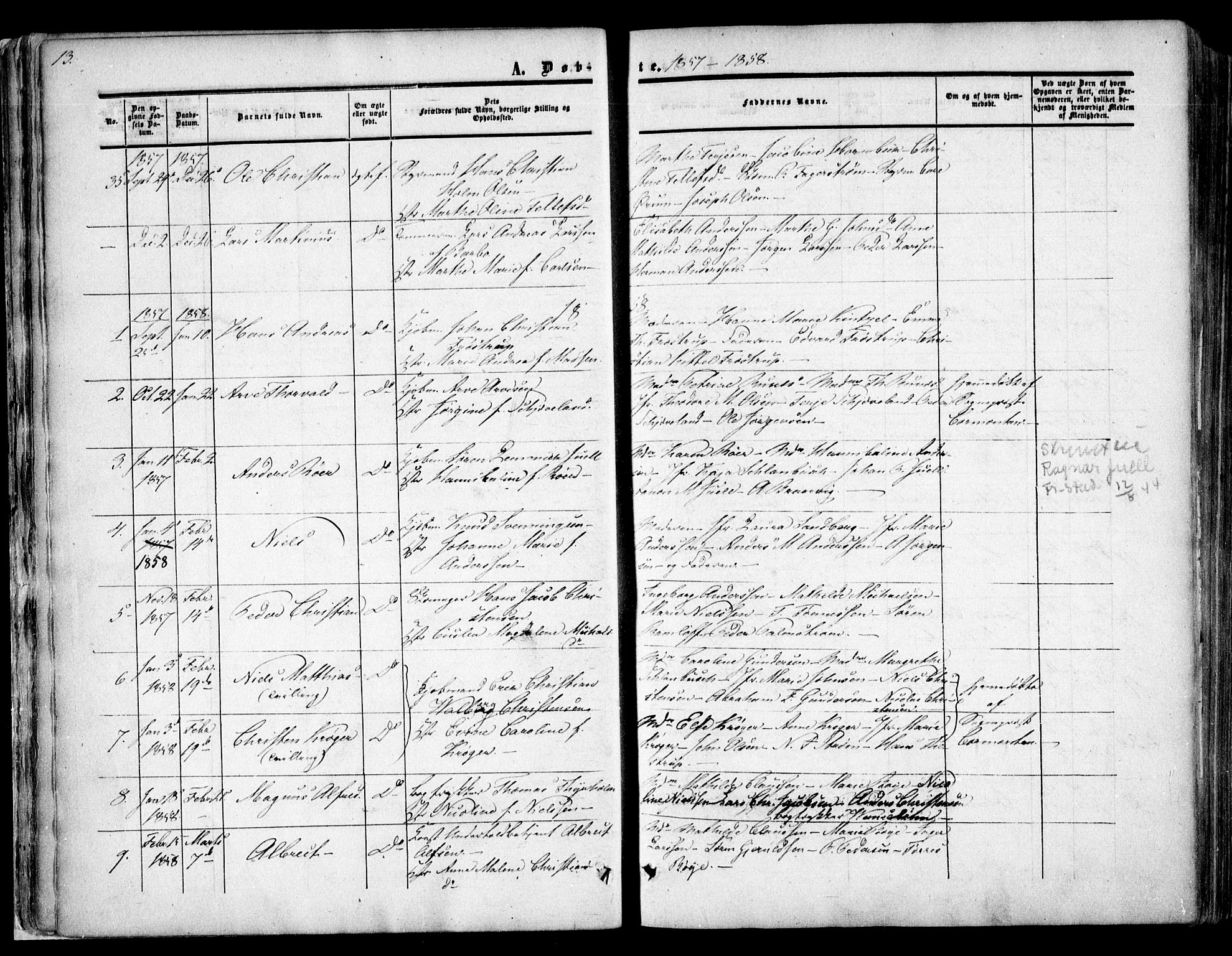 Arendal sokneprestkontor, Trefoldighet, AV/SAK-1111-0040/F/Fa/L0006: Ministerialbok nr. A 6, 1855-1868, s. 13