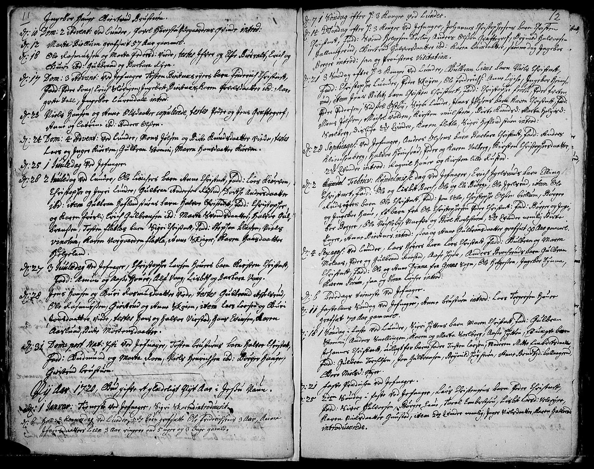 Jevnaker prestekontor, AV/SAH-PREST-116/H/Ha/Haa/L0001: Ministerialbok nr. 1, 1718-1725, s. 11-12