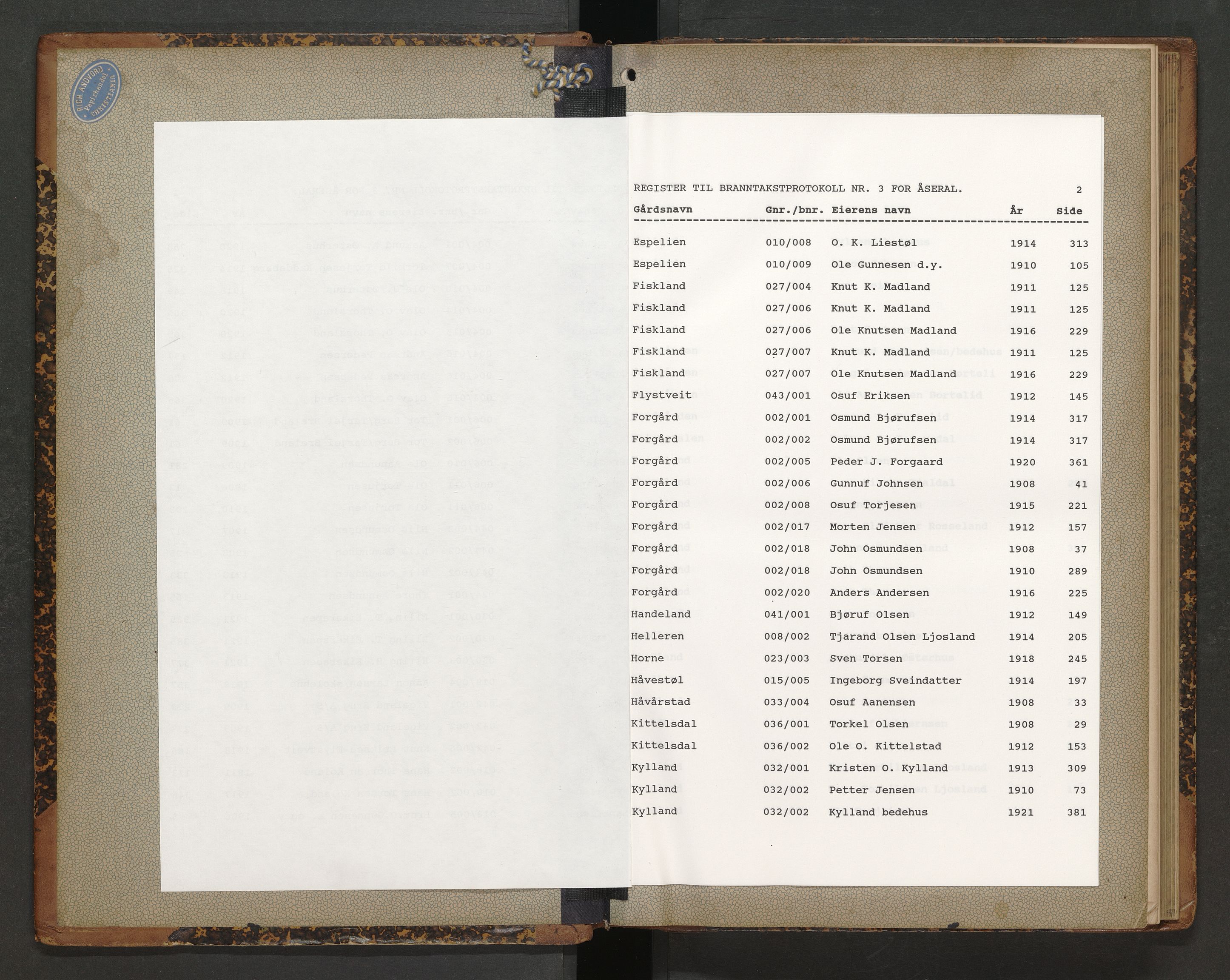 Norges Brannkasse Åseral, SAK/2241-0062/F/Fa/L0003: Branntakstprotokoll nr. 3 med gårdsnavnregister, 1906-1921