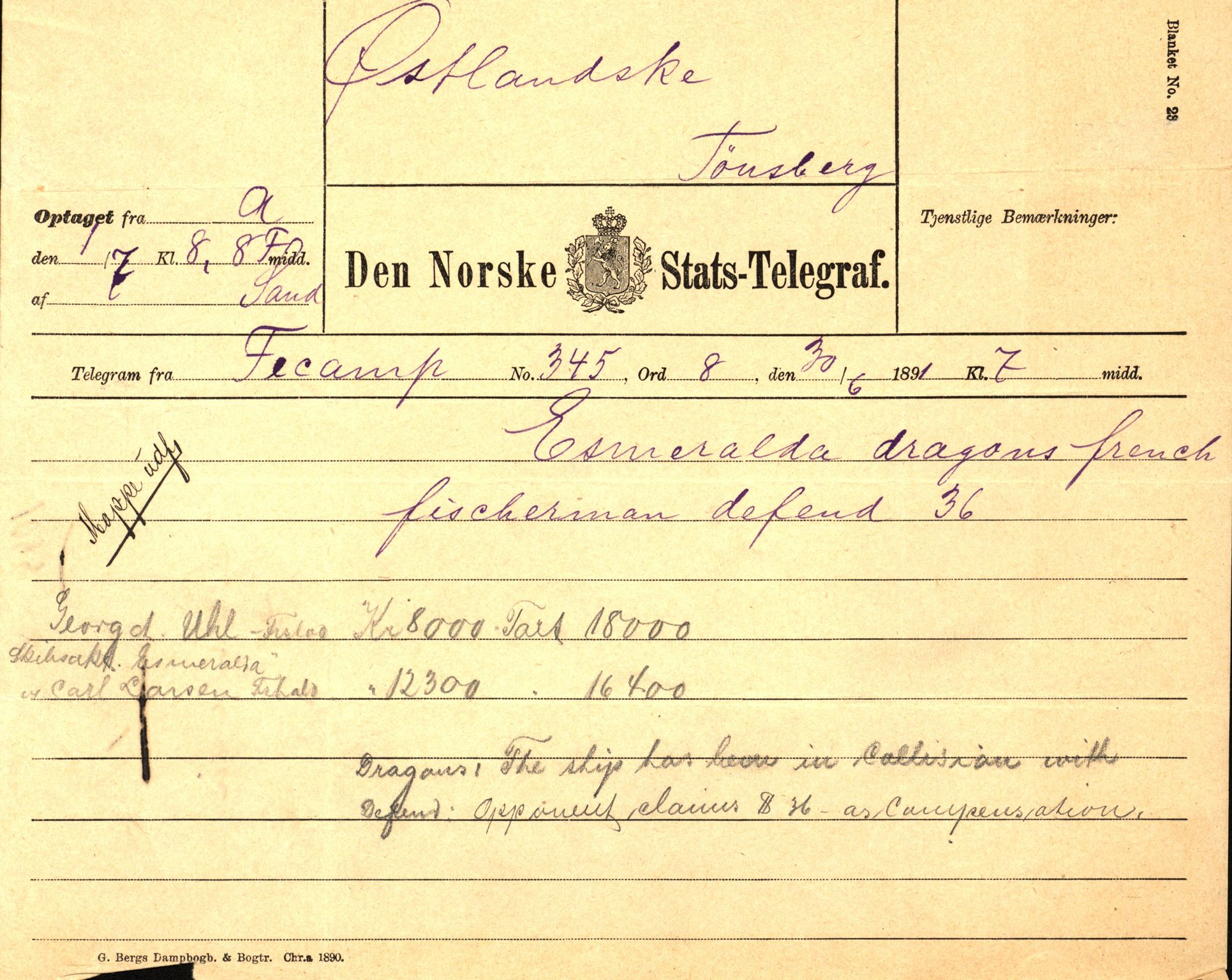 Pa 63 - Østlandske skibsassuranceforening, VEMU/A-1079/G/Ga/L0027/0008: Havaridokumenter / Minnie, Esmeralda, Emil, Emmeline, 1891, s. 31