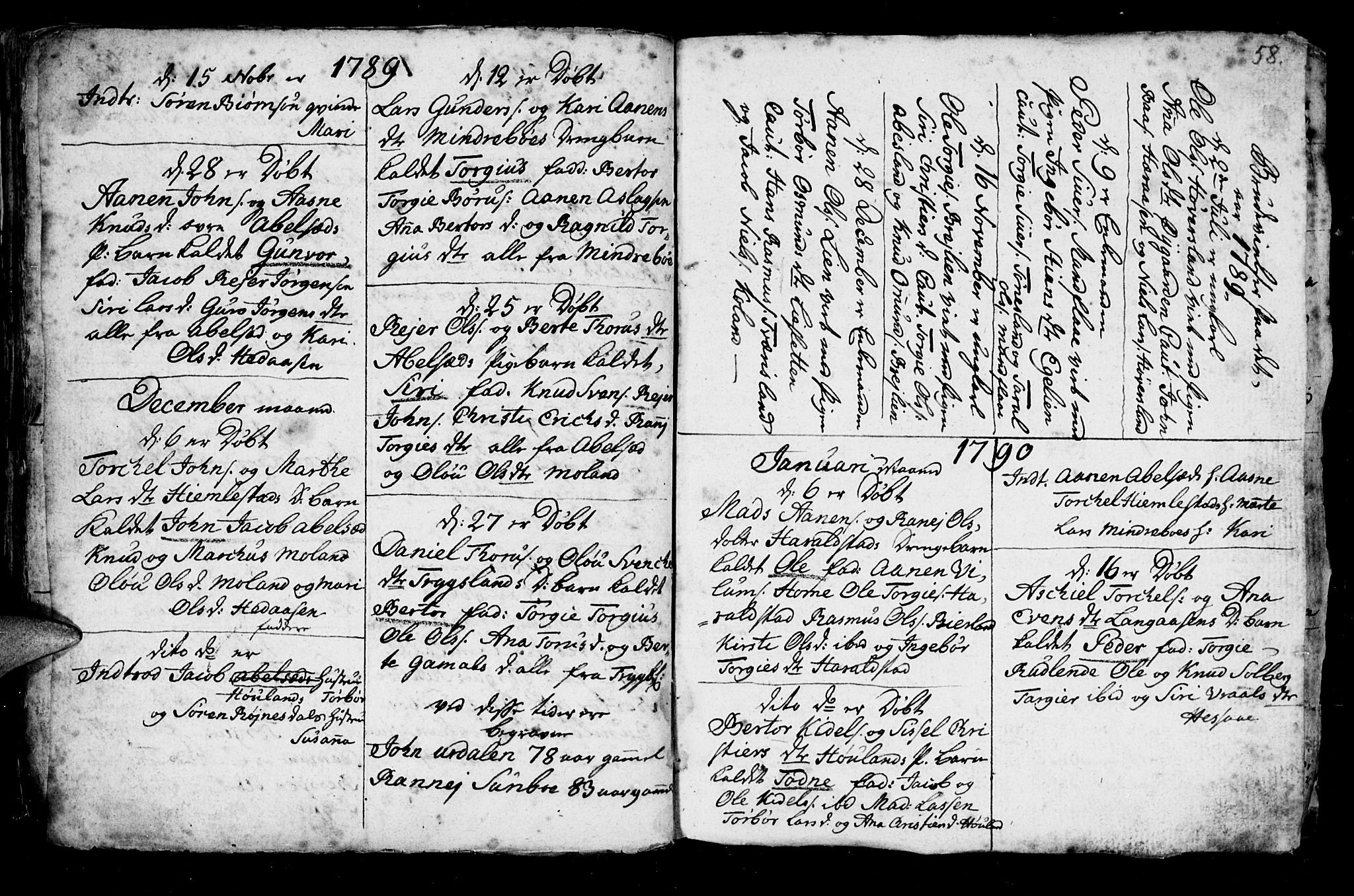 Bjelland sokneprestkontor, SAK/1111-0005/F/Fb/Fba/L0002: Klokkerbok nr. B 2, 1753-1792, s. 58