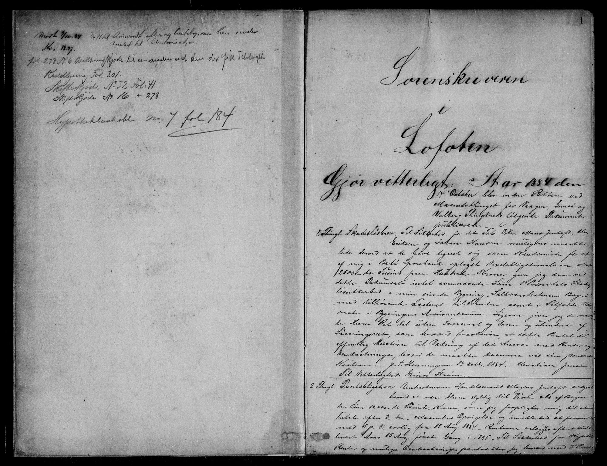 Lofoten sorenskriveri, SAT/A-0017/1/2/2C/L0001a: Pantebok nr. 1, 1884-1891, s. 1