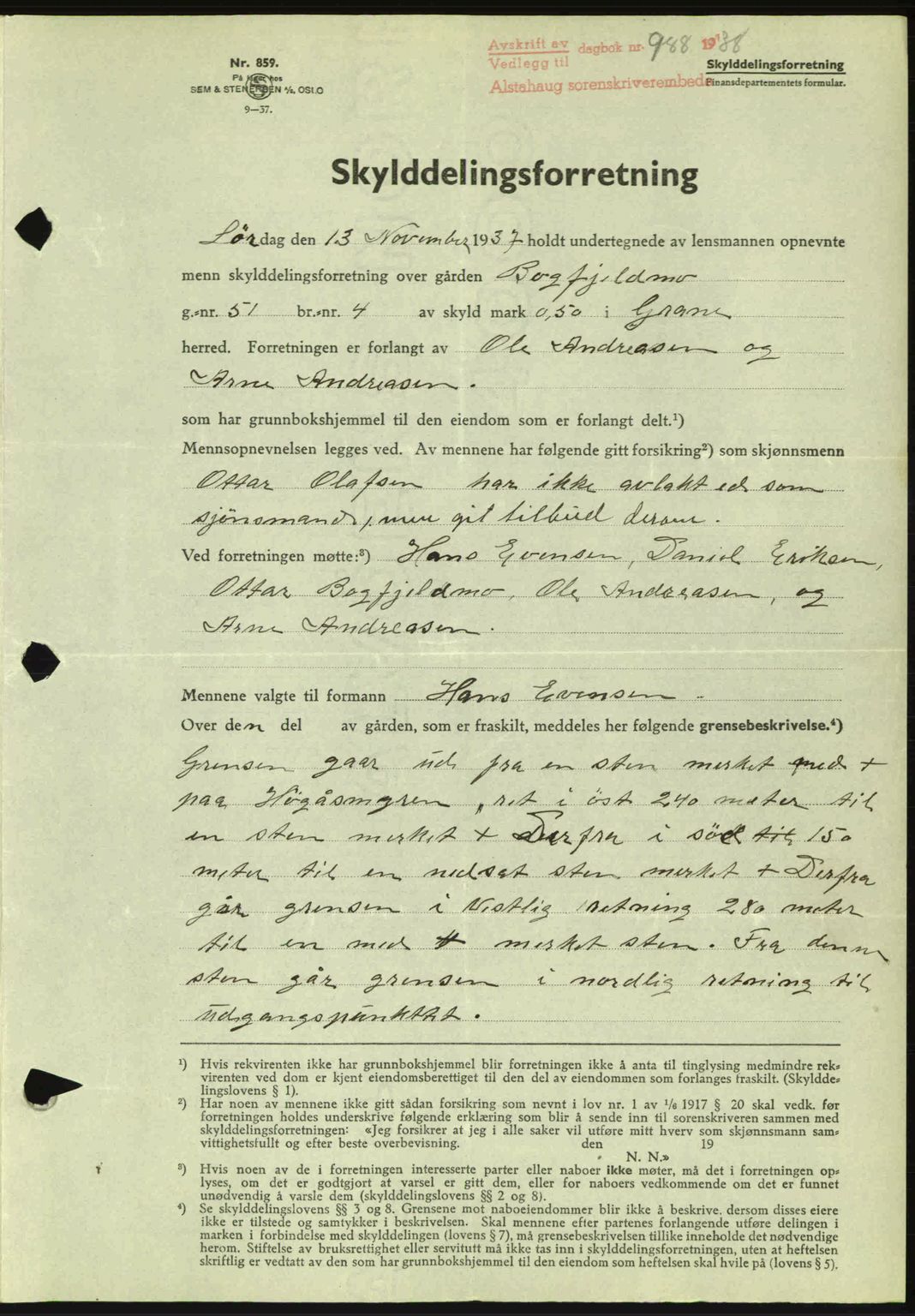 Alstahaug sorenskriveri, SAT/A-1009: Pantebok nr. A3, 1937-1938, Dagboknr: 988/1938