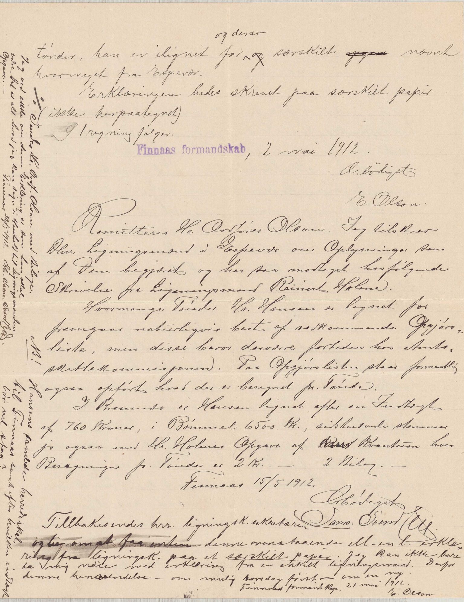 Finnaas kommune. Formannskapet, IKAH/1218a-021/D/Da/L0001/0011: Korrespondanse / saker / Kronologisk ordna korrespondanse , 1908-1912, s. 53