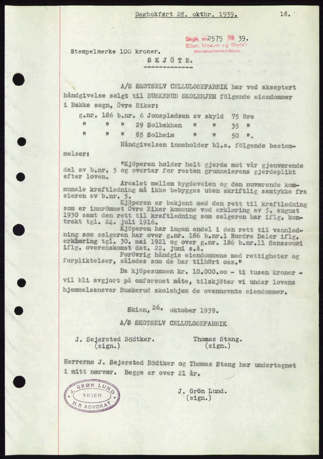 Eiker, Modum og Sigdal sorenskriveri, SAKO/A-123/G/Ga/Gab/L0041: Pantebok nr. A11, 1939-1940, Dagboknr: 2575/1939