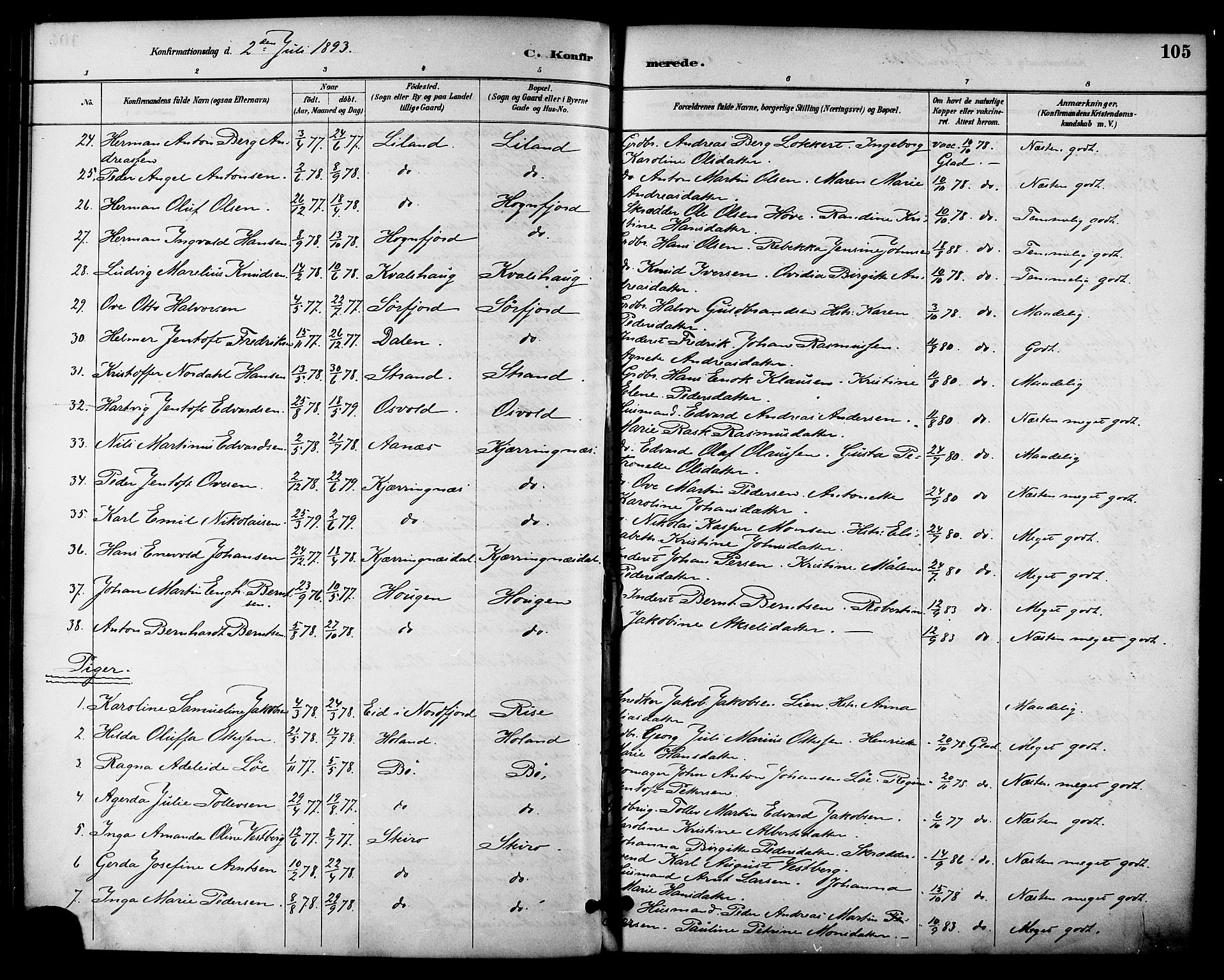 Ministerialprotokoller, klokkerbøker og fødselsregistre - Nordland, AV/SAT-A-1459/895/L1371: Ministerialbok nr. 895A06, 1885-1894, s. 105