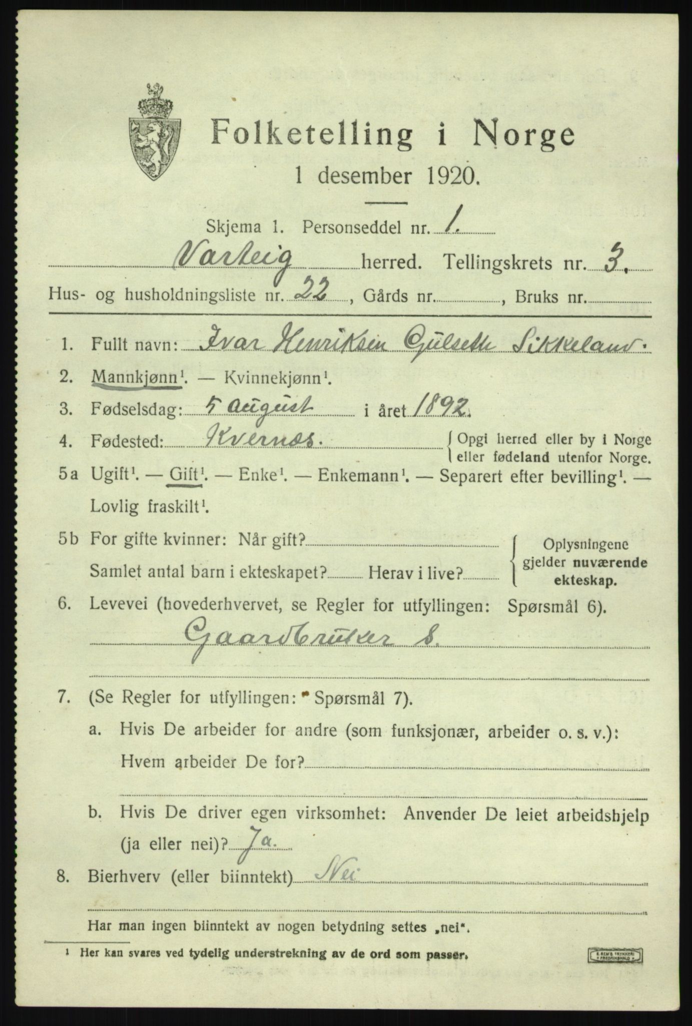 SAO, Folketelling 1920 for 0114 Varteig herred, 1920, s. 2133