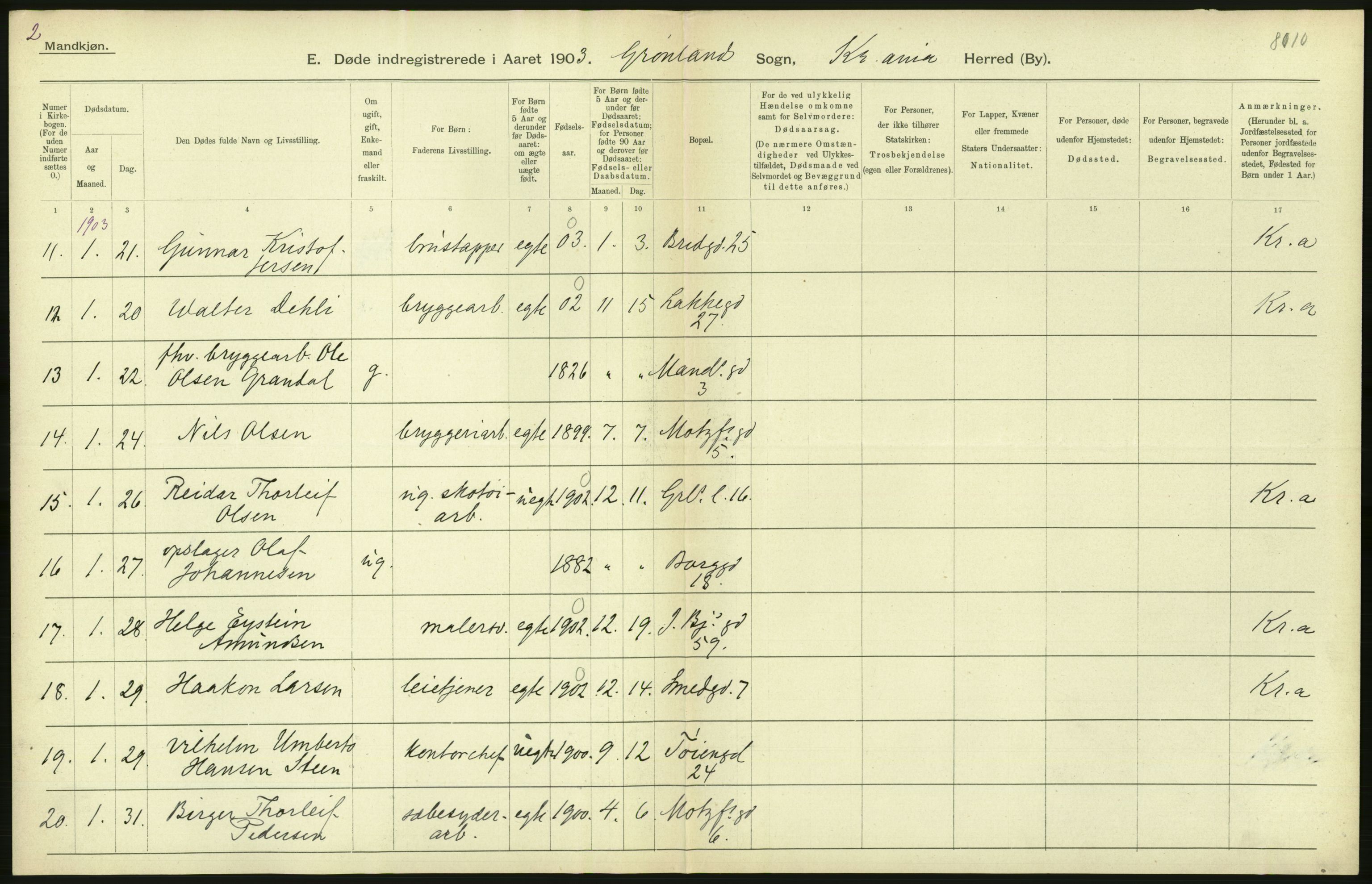 Statistisk sentralbyrå, Sosiodemografiske emner, Befolkning, AV/RA-S-2228/D/Df/Dfa/Dfaa/L0004: Kristiania: Gifte, døde, 1903, s. 378