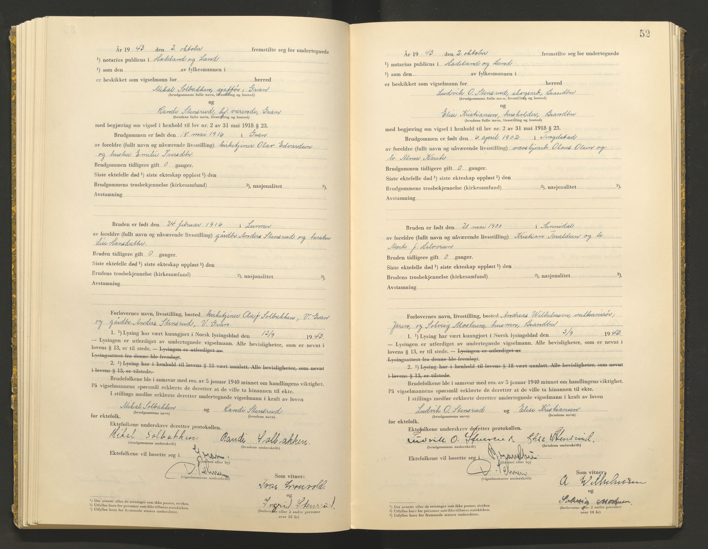 Hadeland og Land tingrett, AV/SAH-TING-010/L/Lb/L0002: Vigselbok, 1943-1944, s. 52