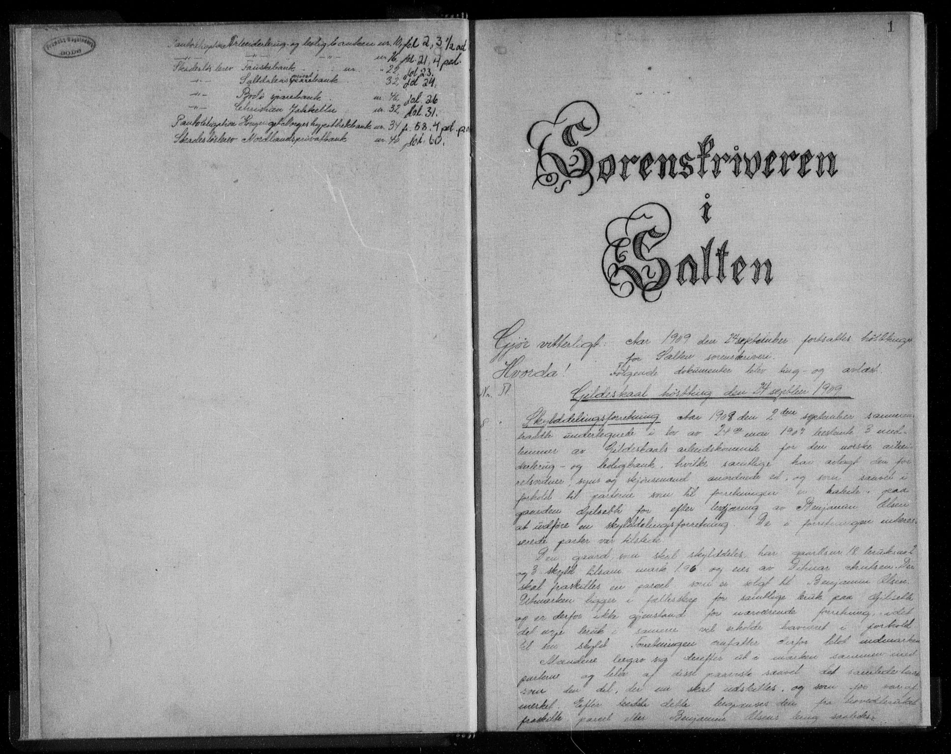 Salten sorenskriveri, SAT/A-4578/1/2/2C/L0040: Pantebok nr. 1I, 1909-1910, s. 1