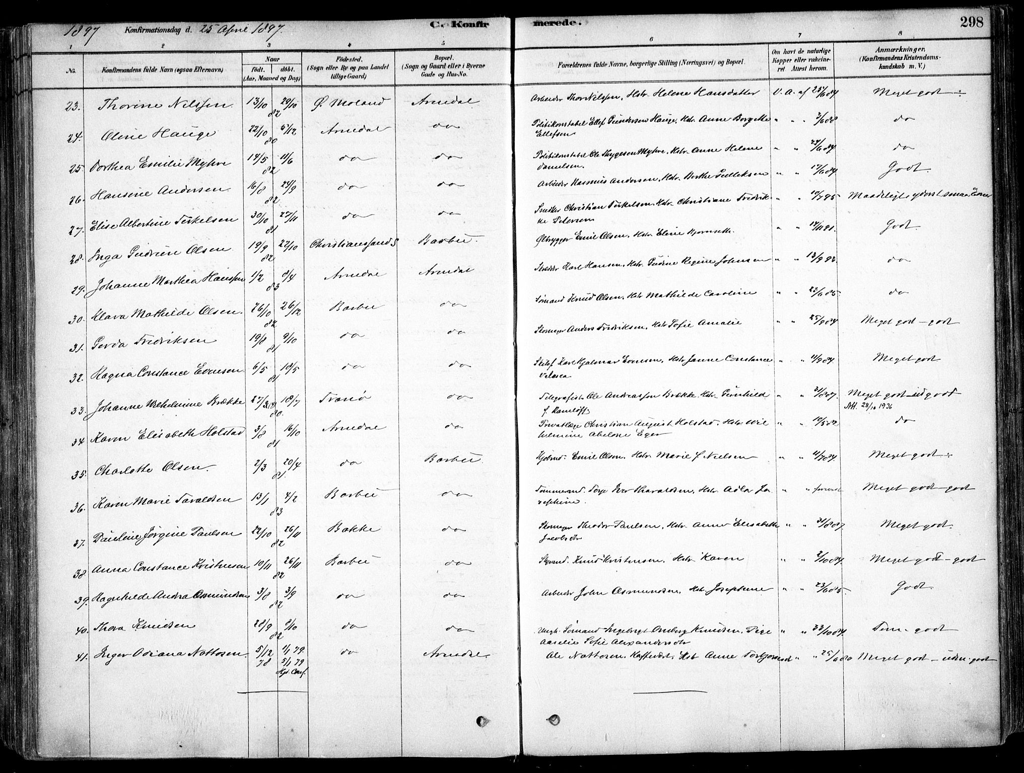 Arendal sokneprestkontor, Trefoldighet, AV/SAK-1111-0040/F/Fa/L0008: Ministerialbok nr. A 8, 1878-1899, s. 298