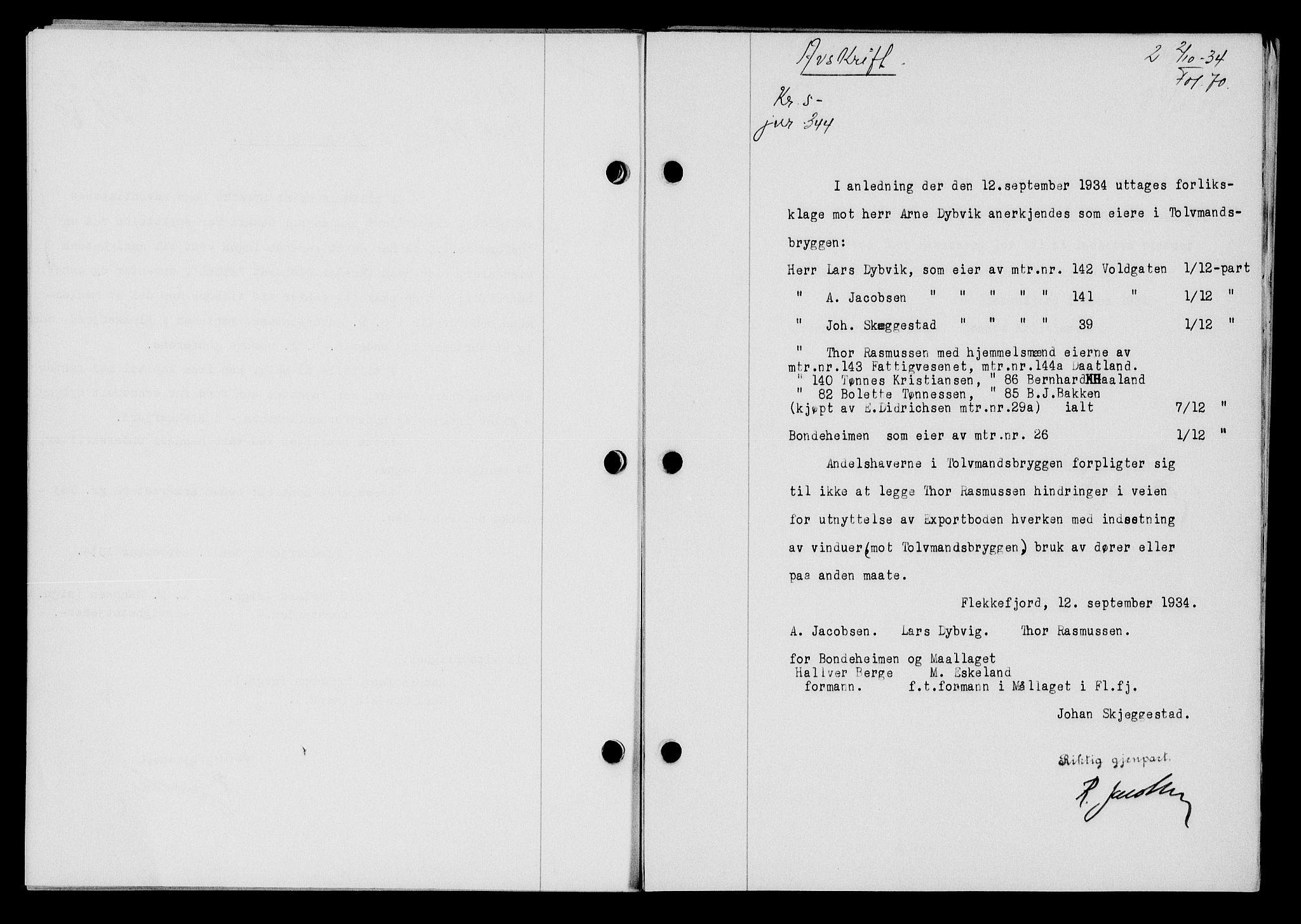 Flekkefjord sorenskriveri, AV/SAK-1221-0001/G/Gb/Gba/L0051: Pantebok nr. 47, 1934-1935, Tingl.dato: 02.10.1934