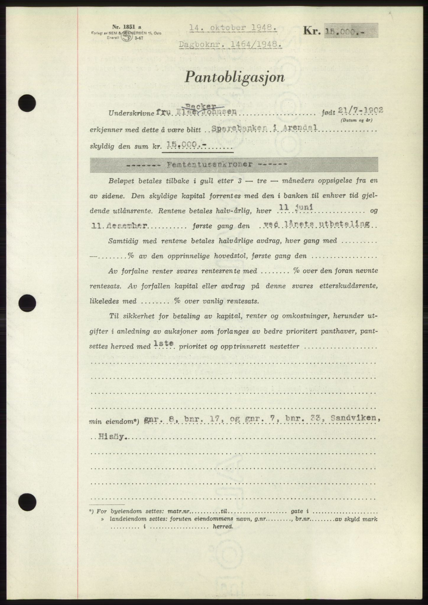 Nedenes sorenskriveri, AV/SAK-1221-0006/G/Gb/Gbb/L0005: Pantebok nr. B5, 1948-1948, Dagboknr: 1464/1948