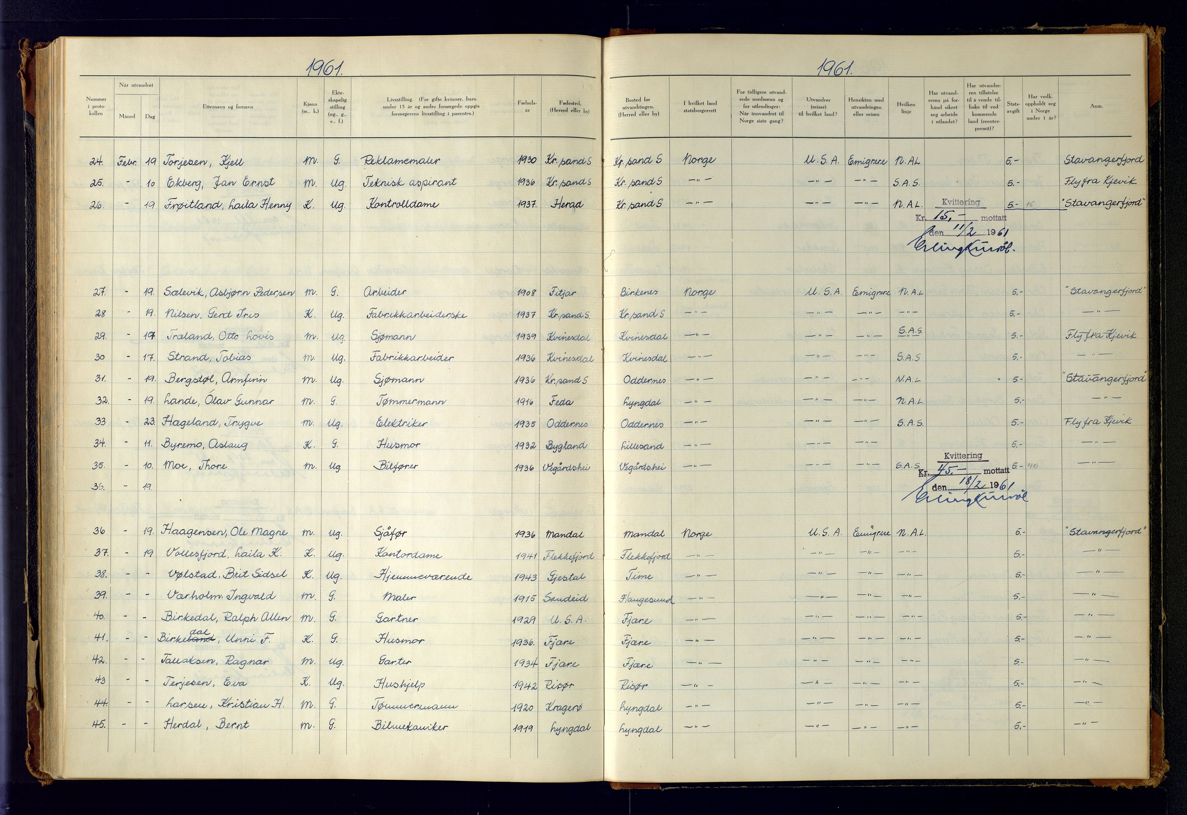 Kristiansand politikammer, AV/SAK-1243-0004/K/Kb/L0249: Emigrantprotokoll, 1951-1961, s. 184