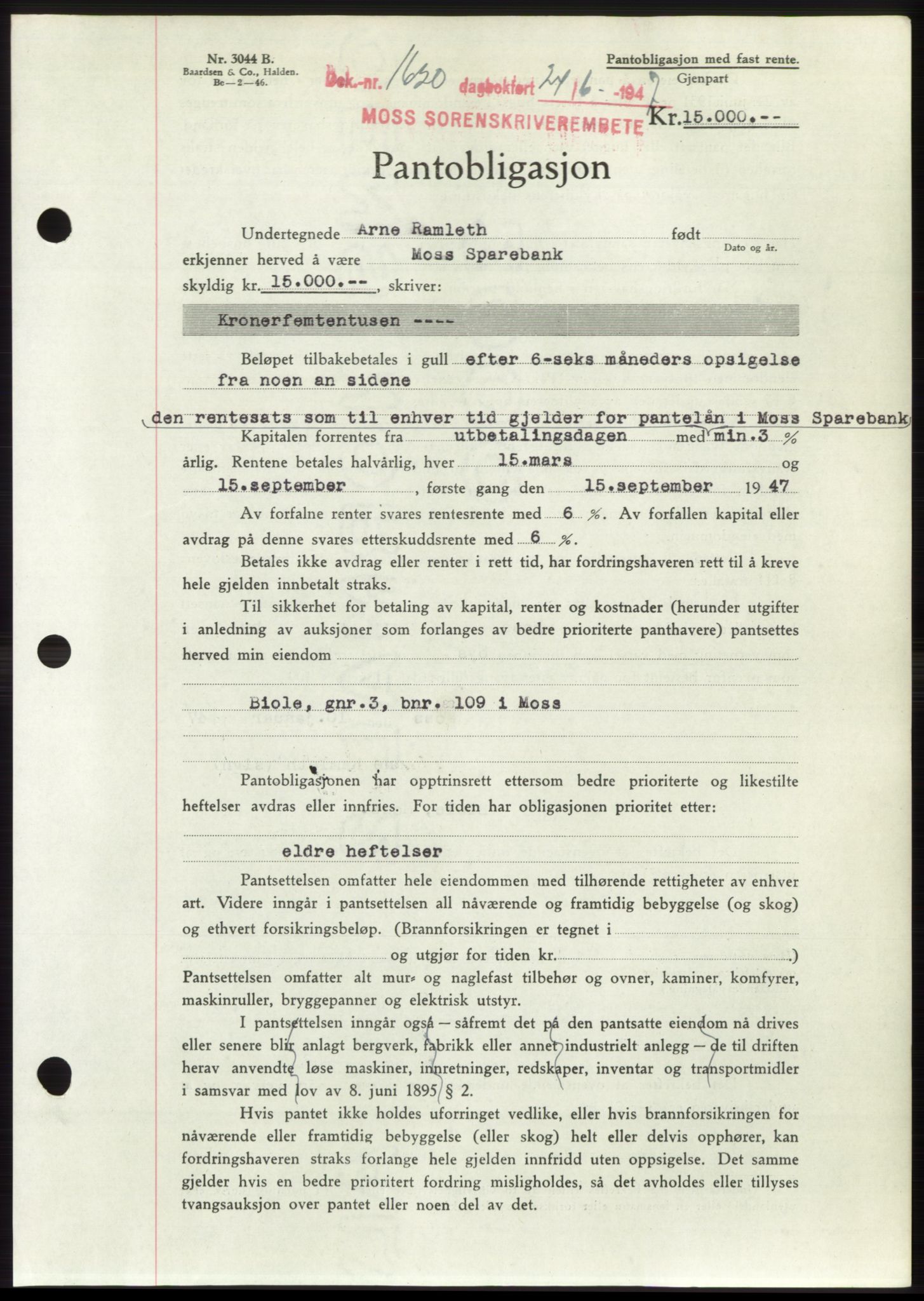 Moss sorenskriveri, SAO/A-10168: Pantebok nr. B17, 1947-1947, Dagboknr: 1620/1947