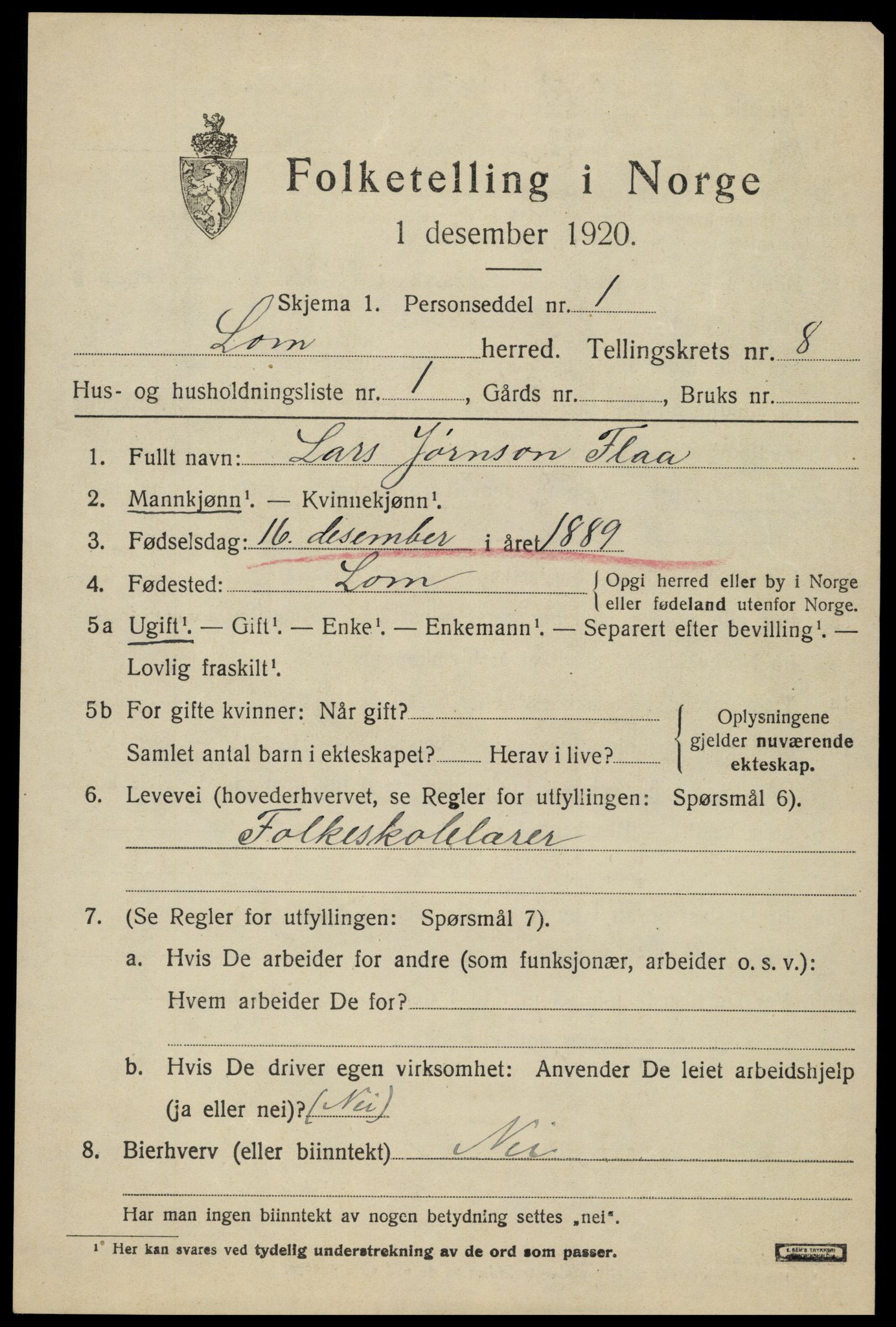 SAH, Folketelling 1920 for 0514 Lom herred, 1920, s. 4756