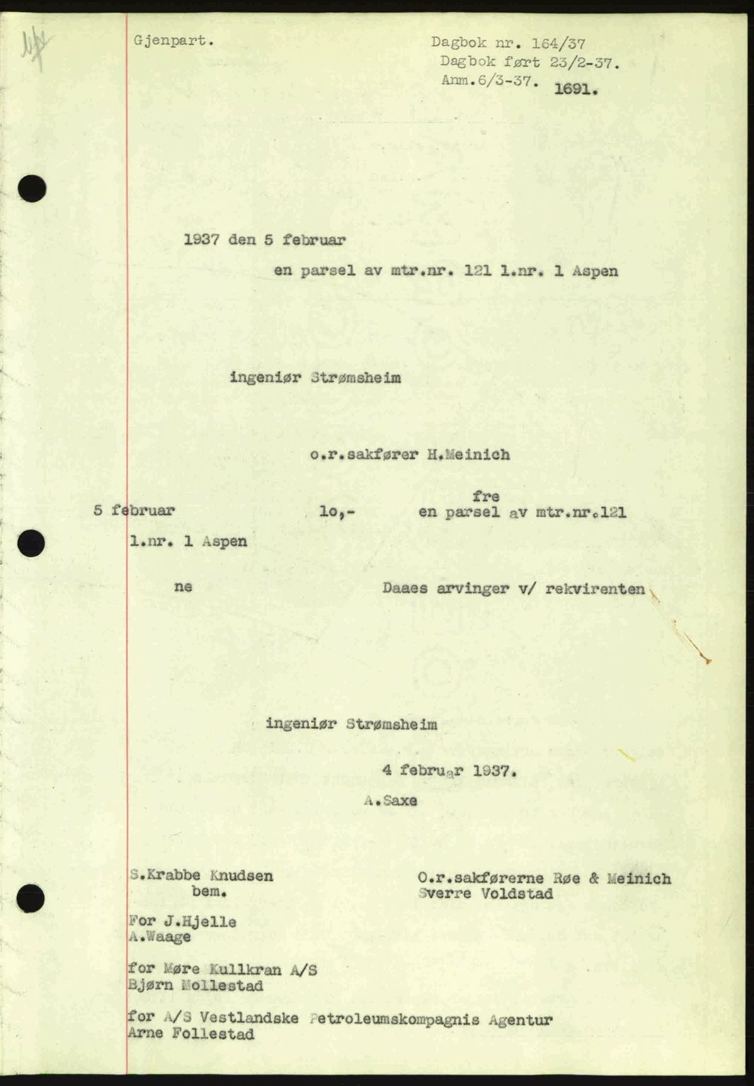 Ålesund byfogd, AV/SAT-A-4384: Pantebok nr. 34 I, 1936-1938, Dagboknr: 164/1937