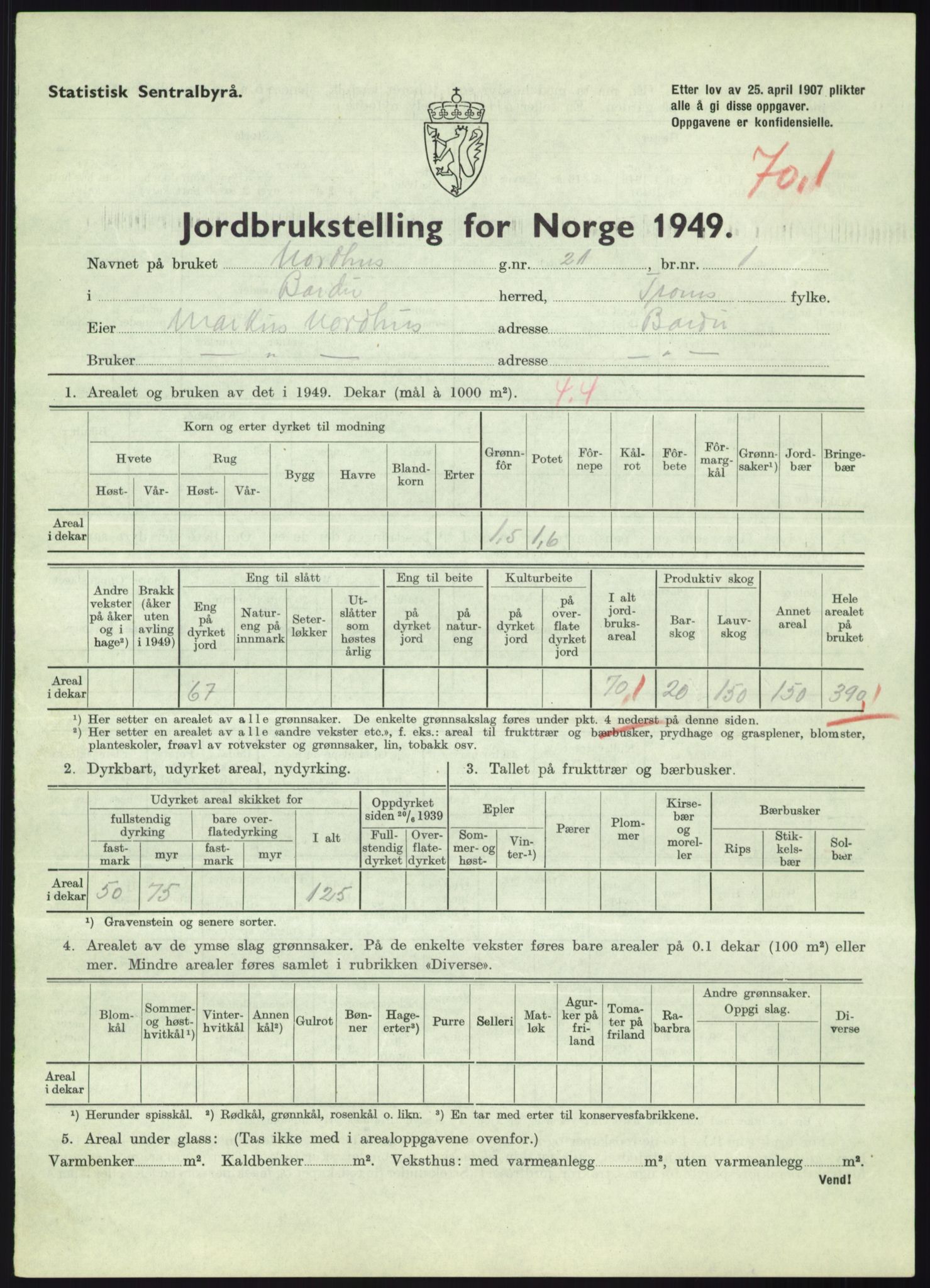 Statistisk sentralbyrå, Næringsøkonomiske emner, Jordbruk, skogbruk, jakt, fiske og fangst, AV/RA-S-2234/G/Gc/L0438: Troms: Salangen og Bardu, 1949, s. 1453