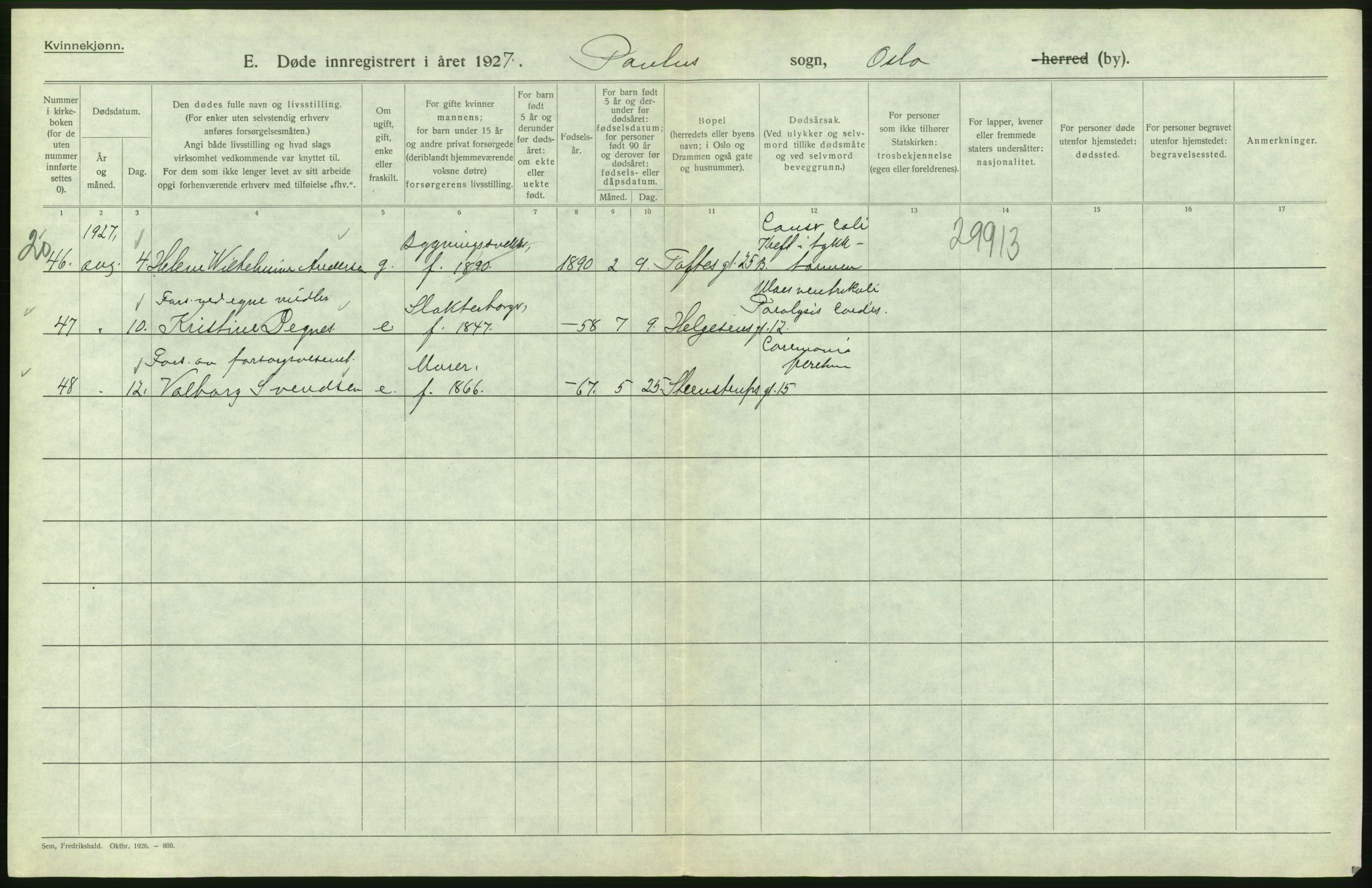 Statistisk sentralbyrå, Sosiodemografiske emner, Befolkning, AV/RA-S-2228/D/Df/Dfc/Dfcg/L0010: Oslo: Døde kvinner, dødfødte, 1927, s. 442