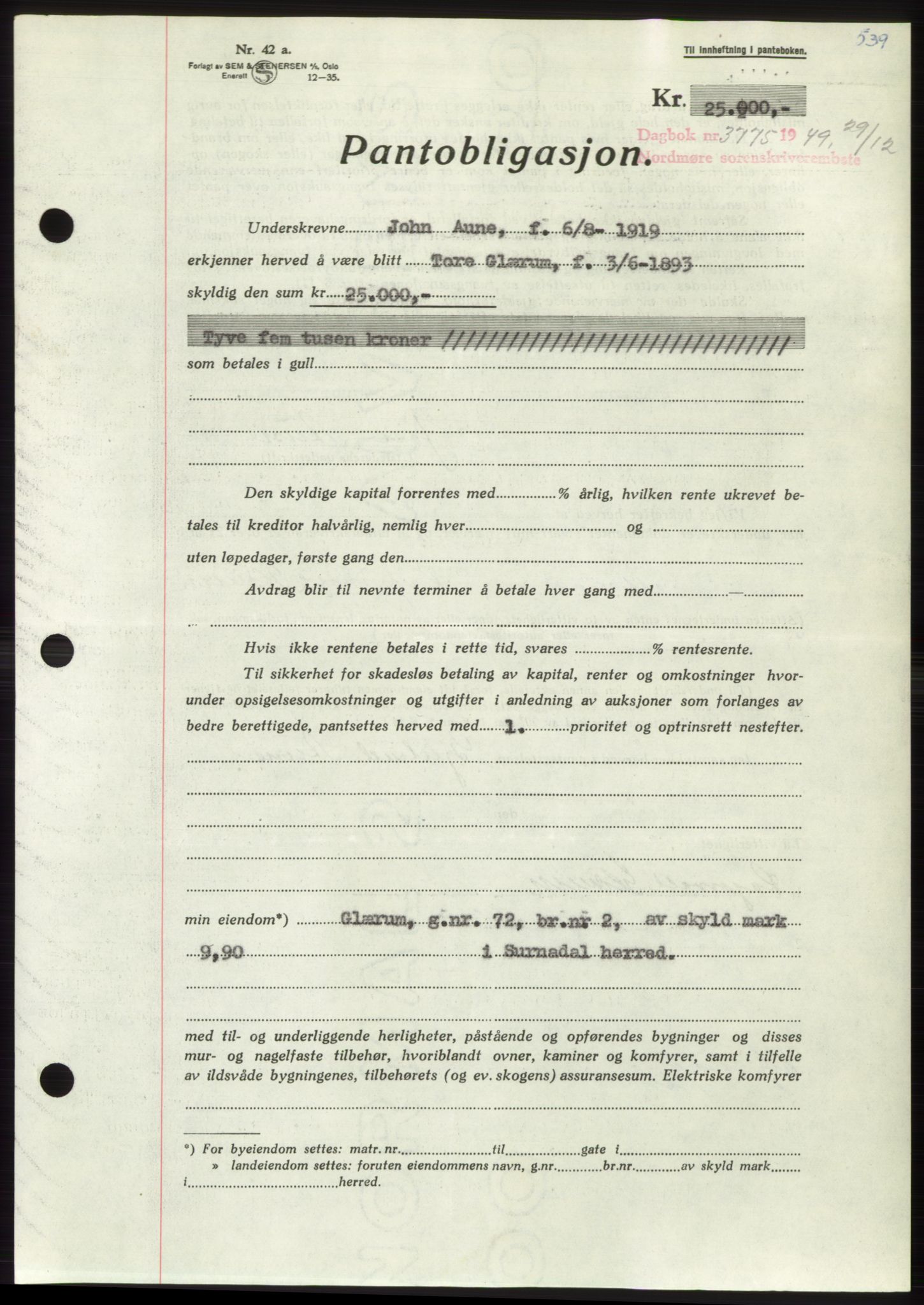 Nordmøre sorenskriveri, AV/SAT-A-4132/1/2/2Ca: Pantebok nr. B103, 1949-1950, Dagboknr: 3775/1949