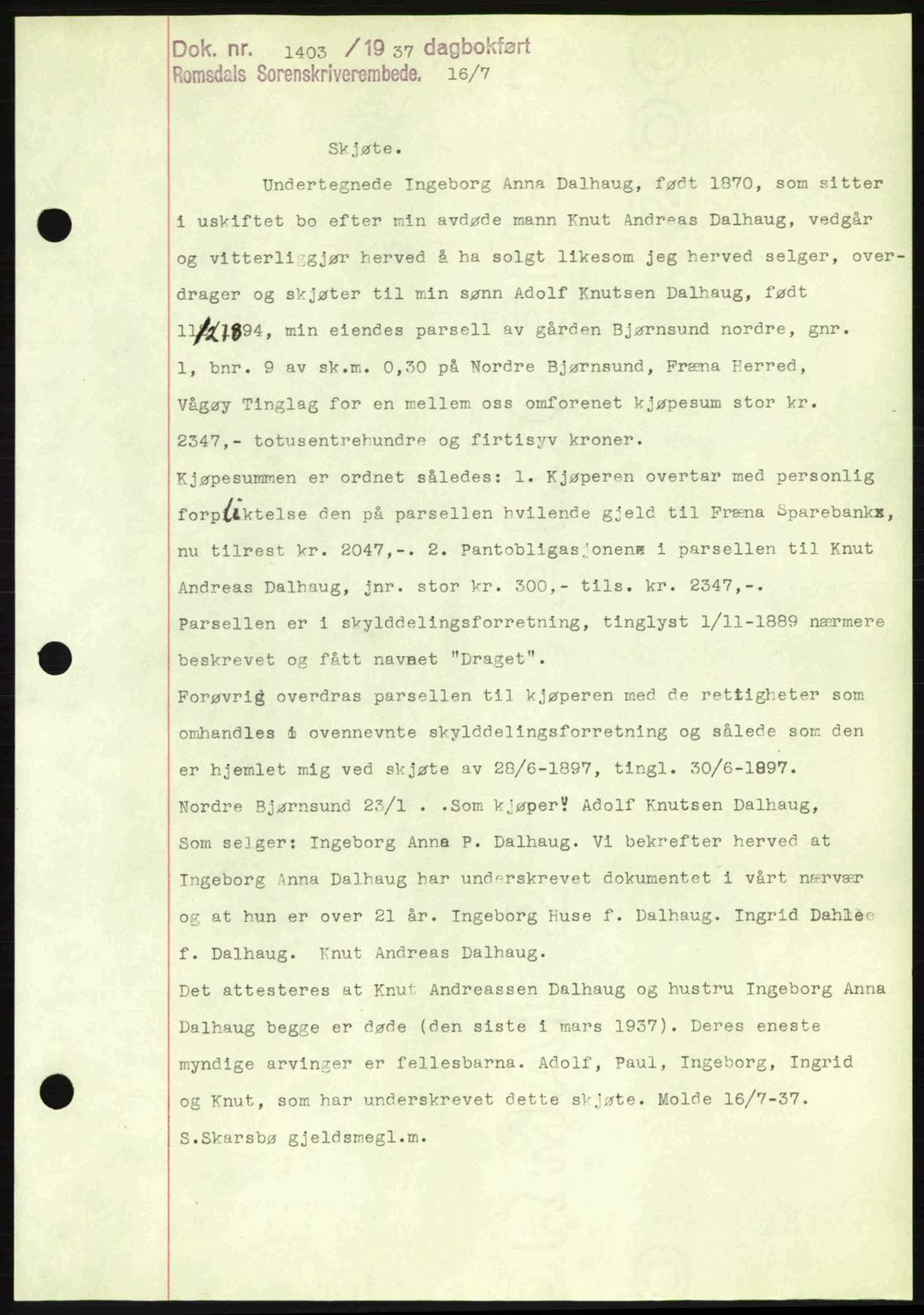 Romsdal sorenskriveri, SAT/A-4149/1/2/2C: Pantebok nr. A3, 1937-1937, Dagboknr: 1403/1937