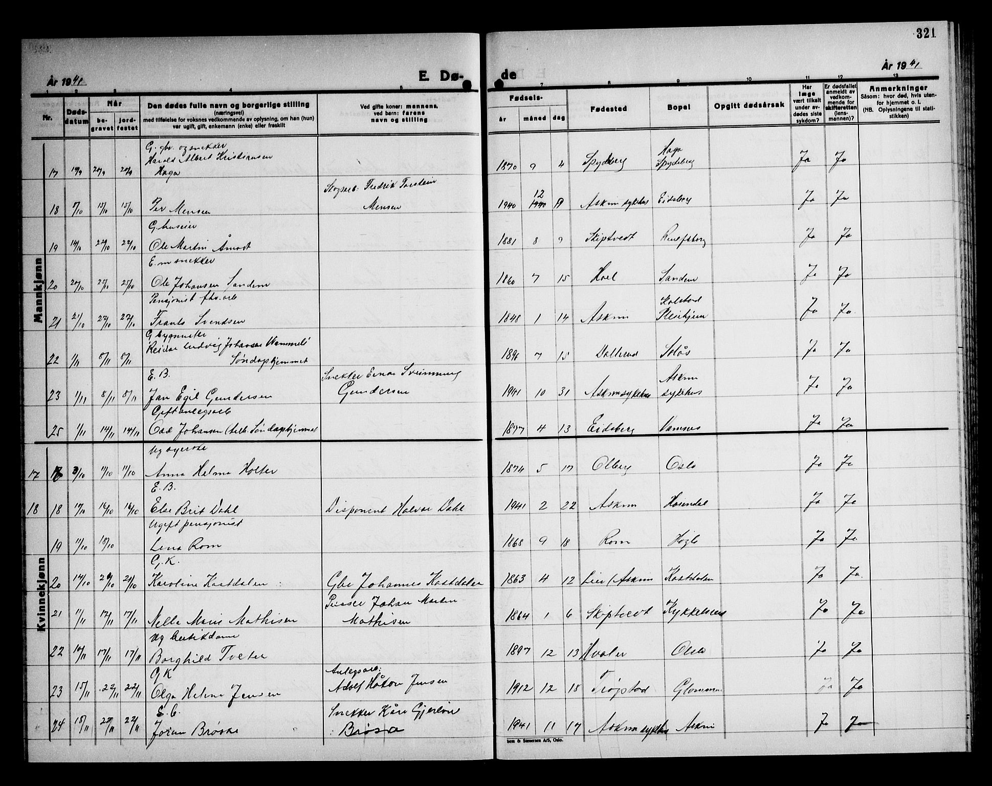 Askim prestekontor Kirkebøker, AV/SAO-A-10900/G/Ga/L0004: Klokkerbok nr. 4, 1938-1947, s. 321