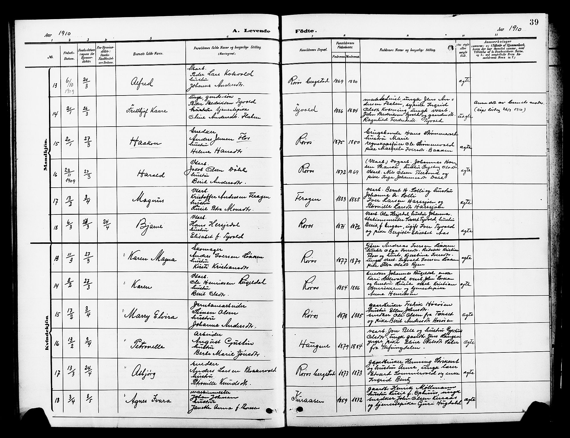 Ministerialprotokoller, klokkerbøker og fødselsregistre - Sør-Trøndelag, AV/SAT-A-1456/681/L0942: Klokkerbok nr. 681C06, 1906-1925, s. 39