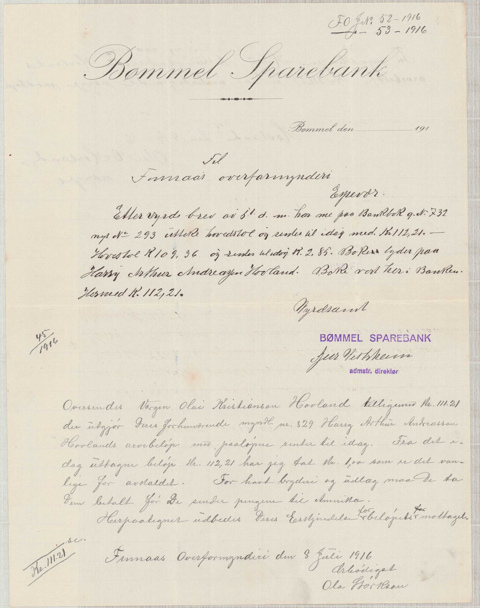 Finnaas kommune. Overformynderiet, IKAH/1218a-812/D/Da/Daa/L0003/0001: Kronologisk ordna korrespondanse / Kronologisk ordna korrespondanse, 1914-1916, s. 106