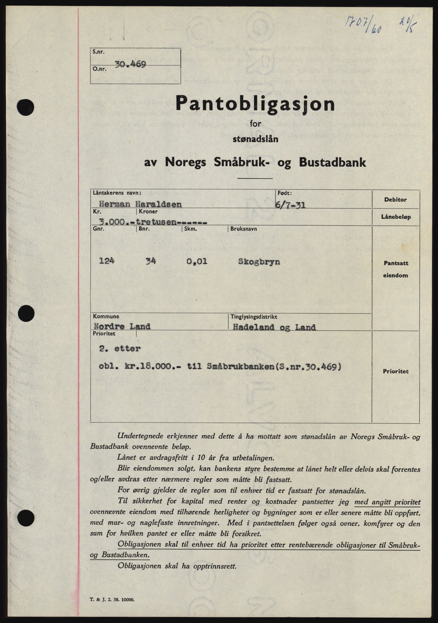 Hadeland og Land tingrett, SAH/TING-010/H/Hb/Hbc/L0043: Pantebok nr. B43, 1960-1960, Dagboknr: 1707/1960